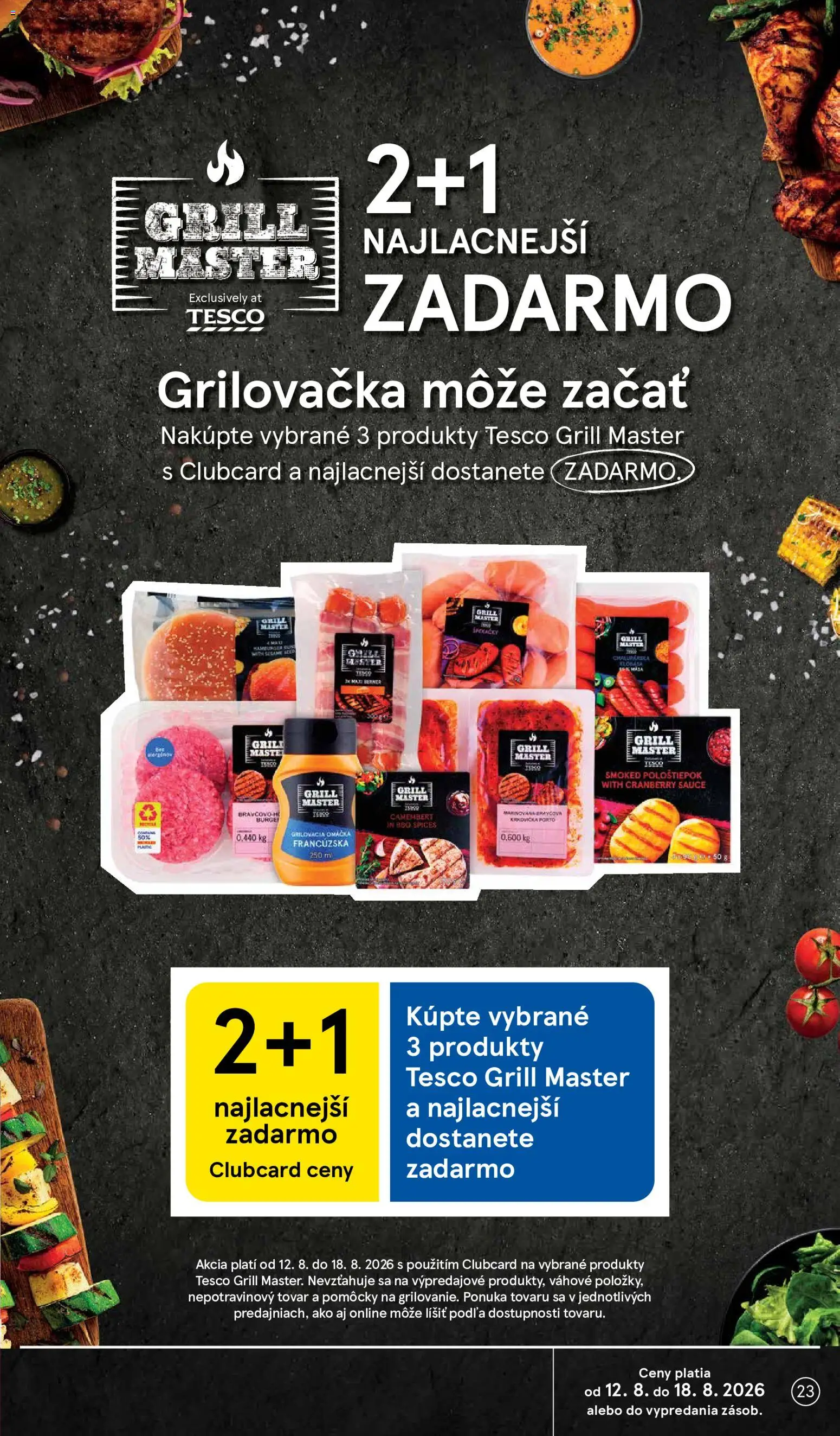 Nové Tesco akcie – leták je platný od 12.08.2026 | Strana: 23 | Produkty: Klobása, Grilovacia omáčka, Krkovička, Hamburger