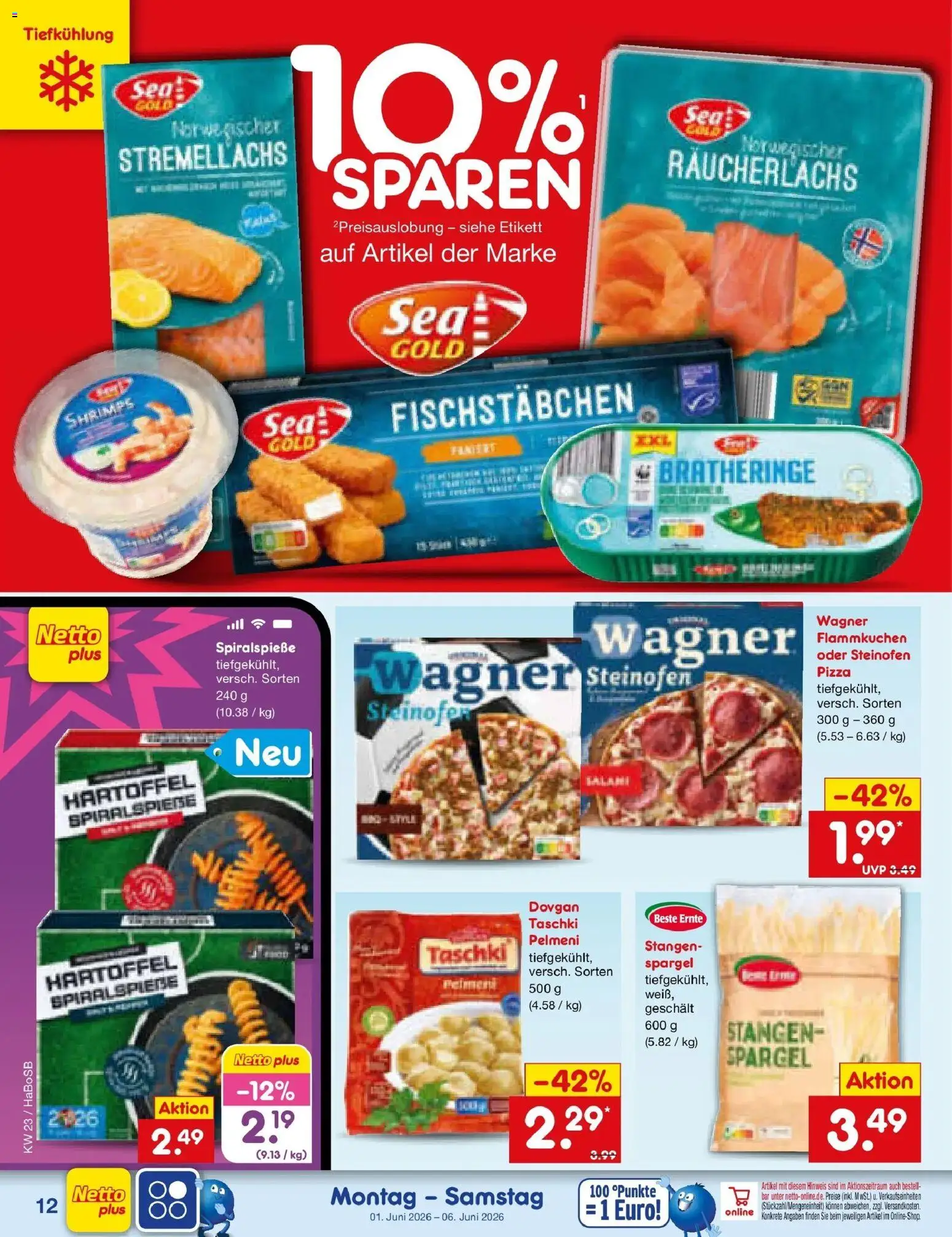 Netto Marken-Discount Prospekt Stadtlohn – gültig ab 01.06.2026 | Seite: 14 | Produkte: Spargel, Räucherlachs, Fischstabchen, Pizza