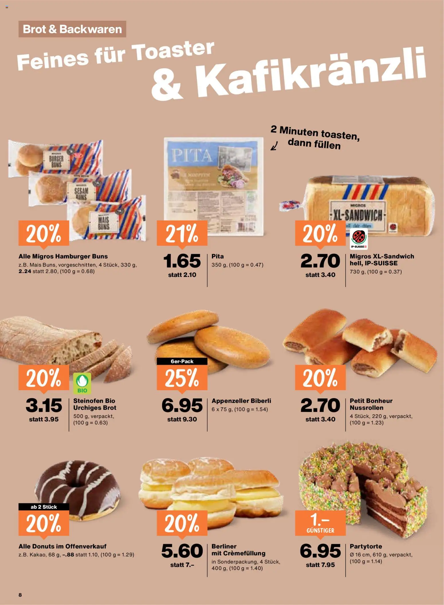 Migros aktionen – gültig ab 06.08.2026 | Seite: 8 | Produkte: Toaster, Donuts, Brot