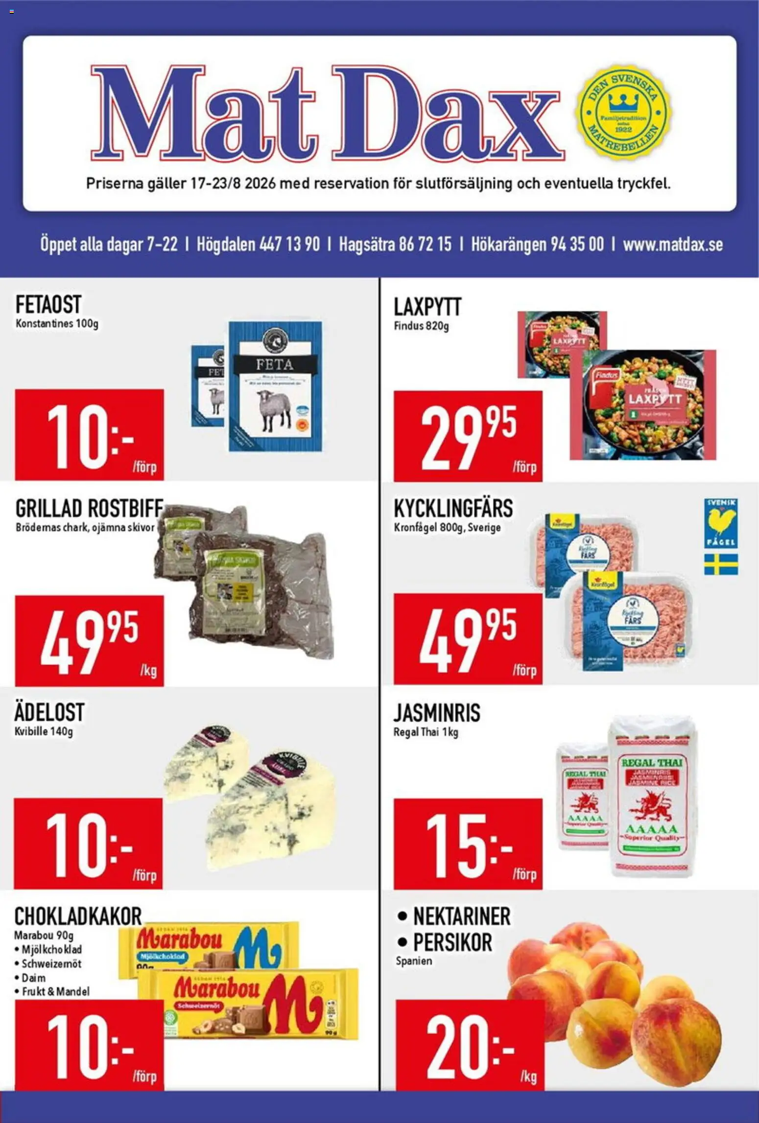 Matdax reklamblad aktuell från 24/08/2026 | Sida: 1 | Produkter: Frukt, Persikor, Fetaost, Jasminris