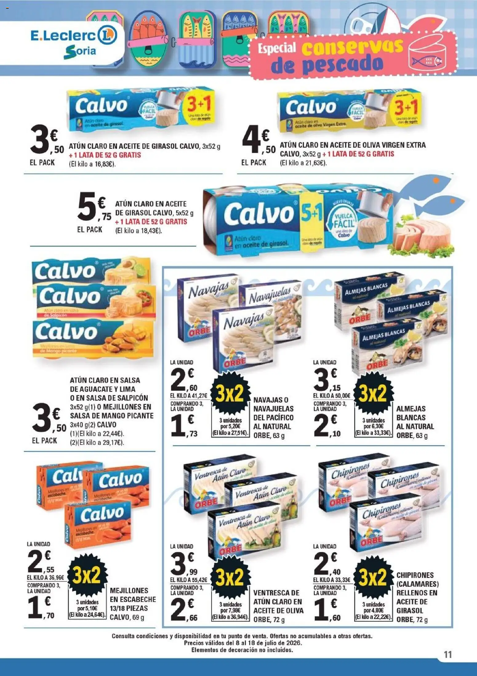 E.Leclerc folleto Soria │ válido desde el 08/07/2026 | Página: 11 | Productos: Calamares, Aceite de oliva, Aceite de girasol, Atún claro