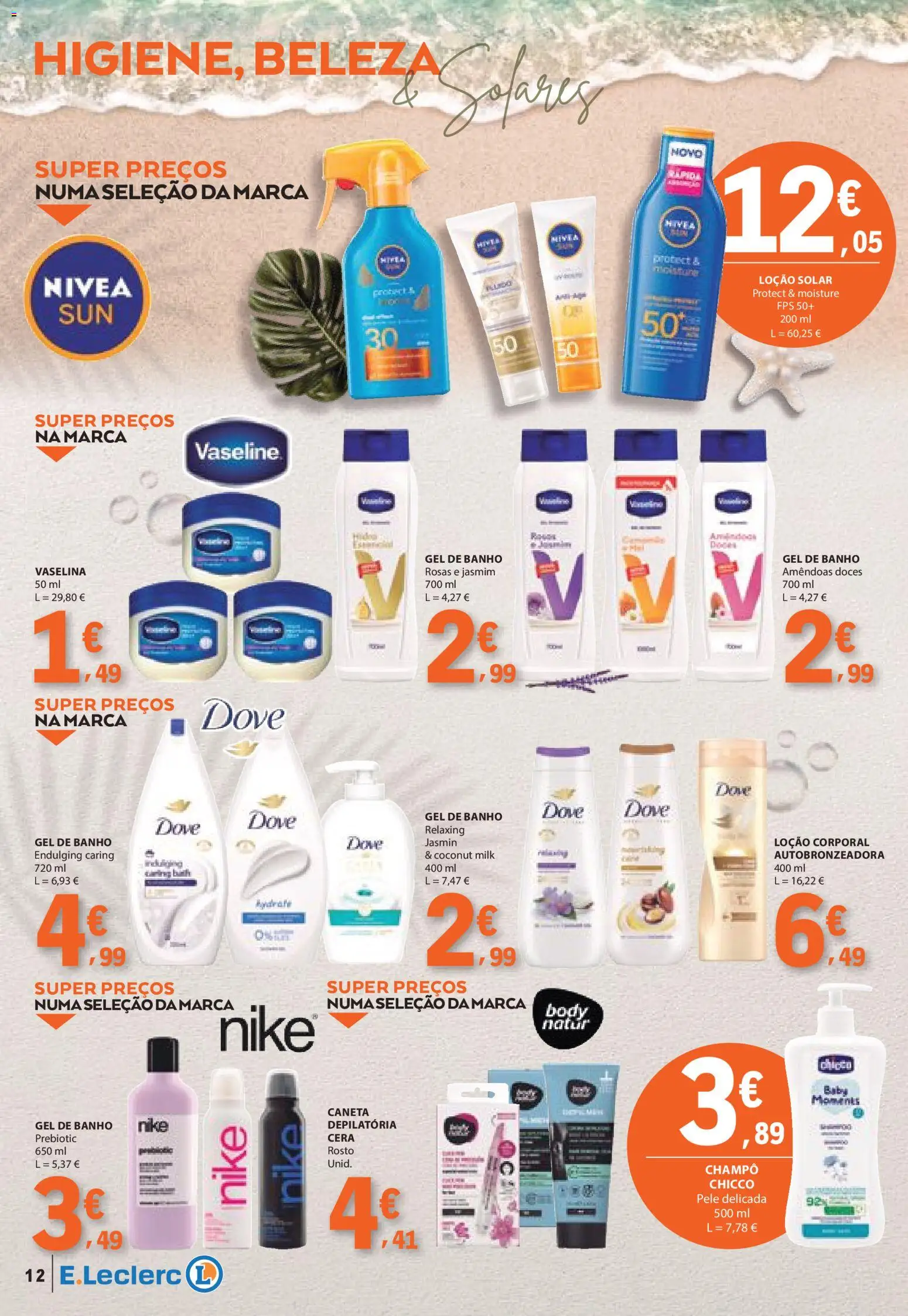 E.Leclerc folheto Especial Praia │ válido de 09.06.2026 | Página: 12 | Produtos: Amêndoas, Gel de banho, Cera, Doces