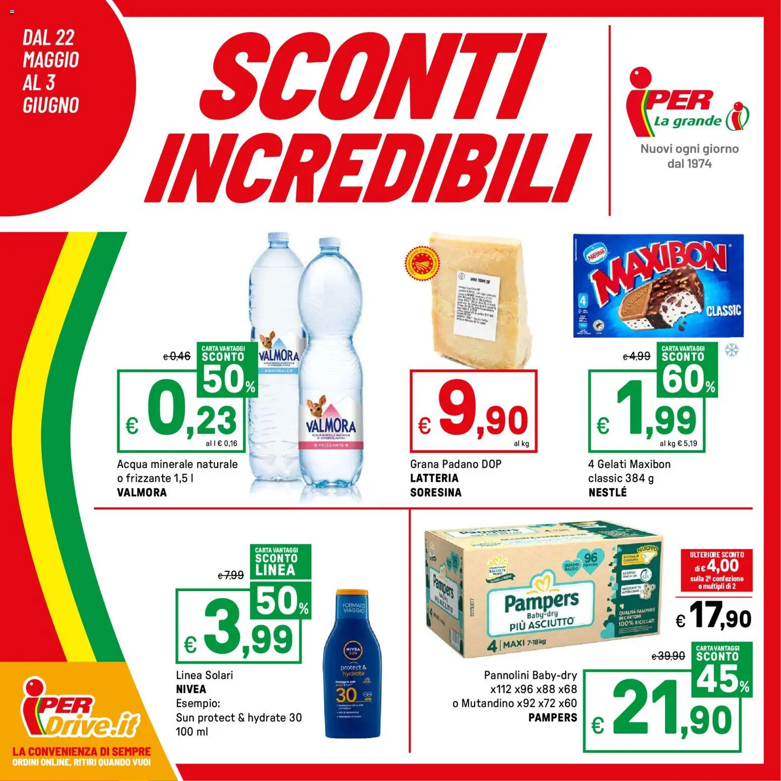 Volantino Iper del 22.05.2026 | Pagina: 1 | Prodotti: Acqua, Pampers, Grana Padano, Acqua minerale