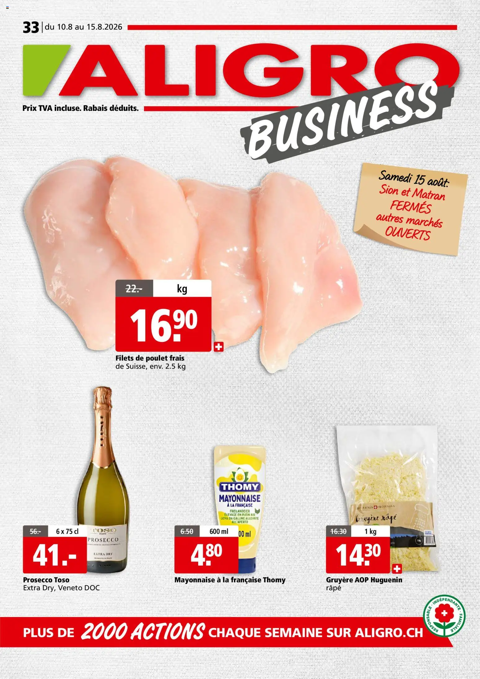 Aligro aktionen Business Chavannes, Matran, Genève, Sion – gültig ab 10.08.2026 | Seite: 1 | Produkte: Prosecco, Mayonnaise