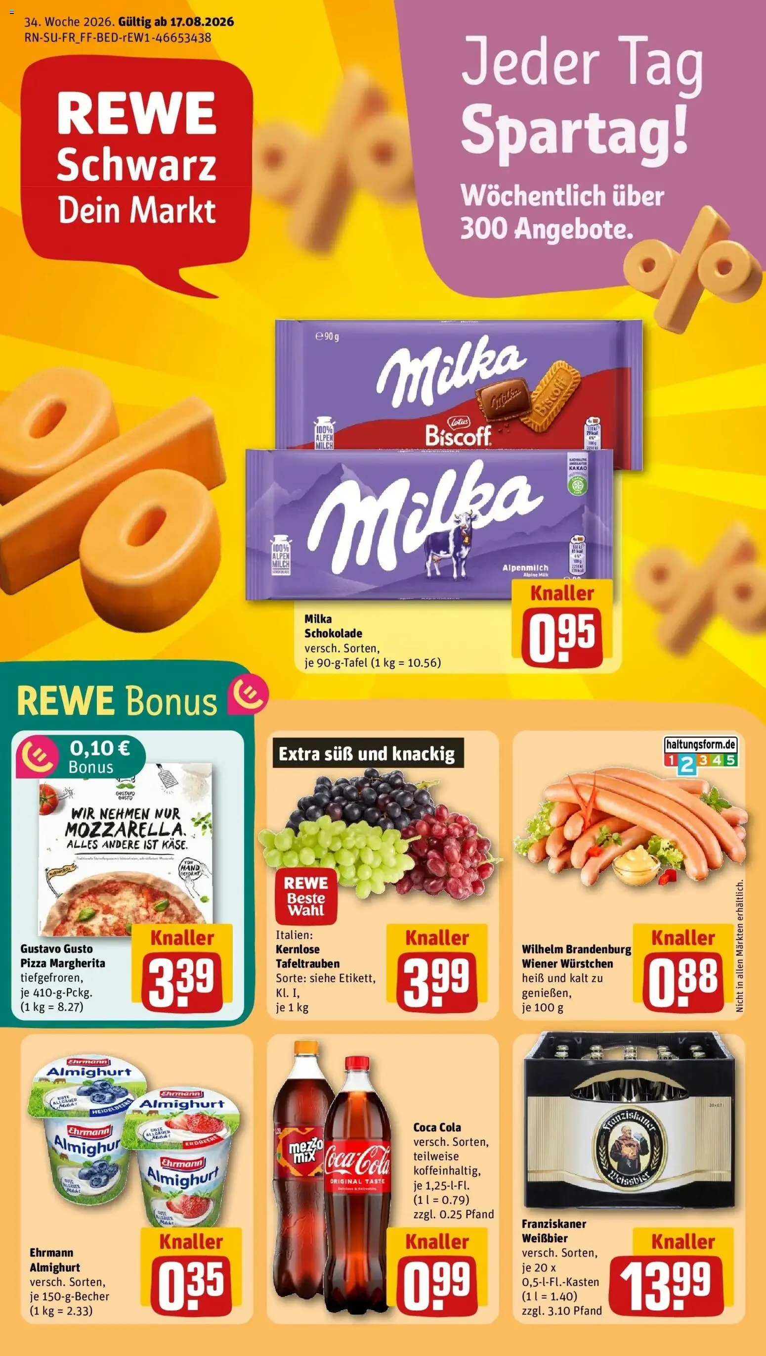REWE Prospekt ab 17.08.2026 zum Blättern » Angebote | Seite: 1 | Produkte: Gustavo gusto, Wiener wurstchen, Milch, Pizza