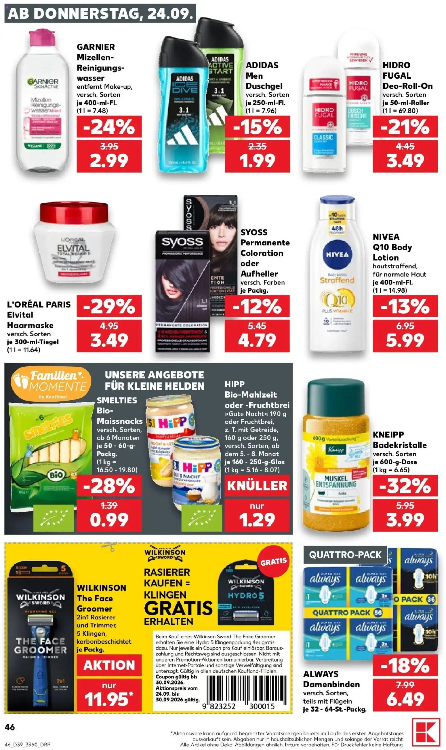 Prospekt Kaufland ab 24.09.2026 » Angebote Online zum Blättern | Seite: 46 | Produkte: Rasierer, Haarmaske, Wasser, Ente