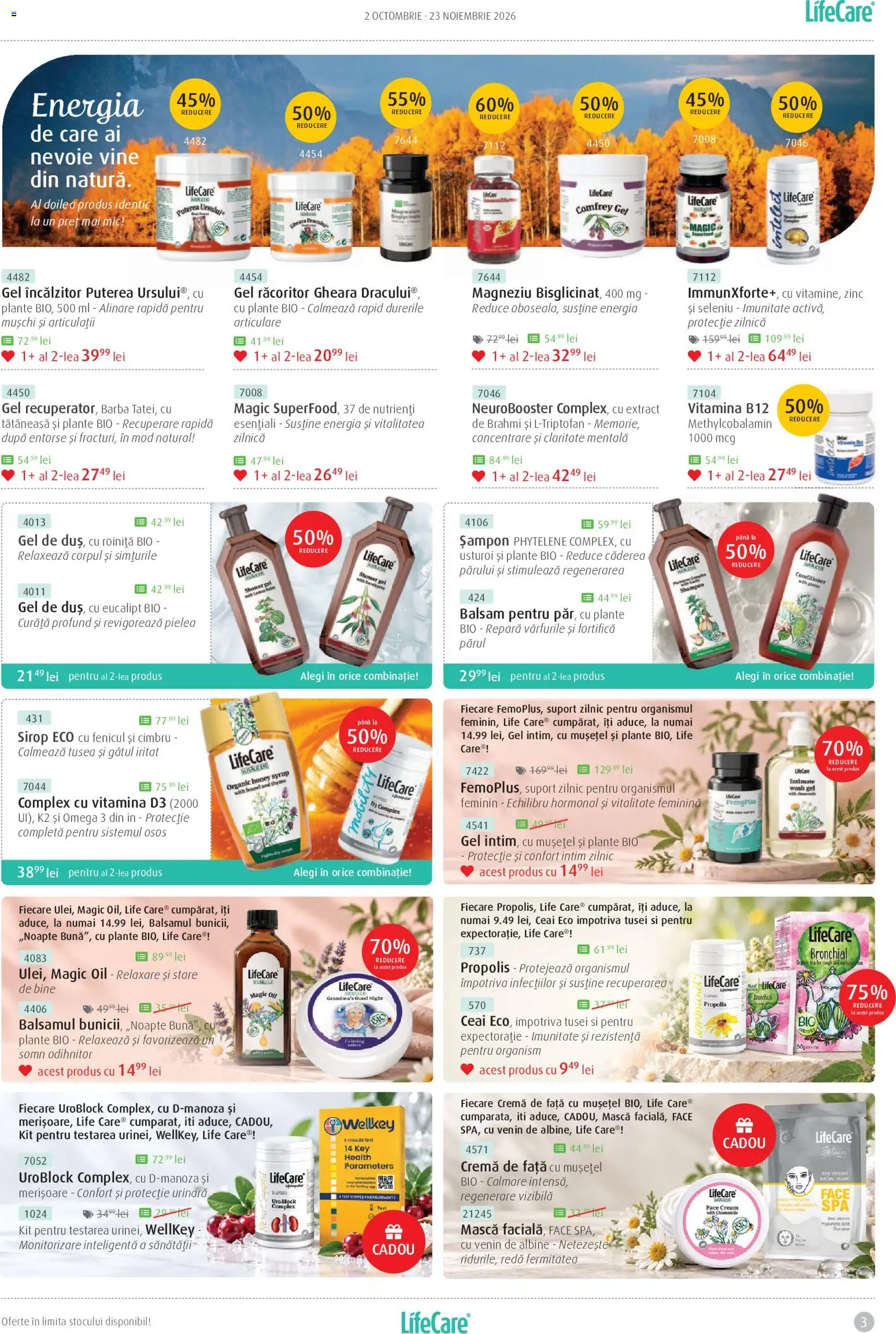 Noul catalog Life Care – valabil de la 02.10.2026 | Pagină: 3 | Produse: Omega, Șampon, Sirop, Usturoi