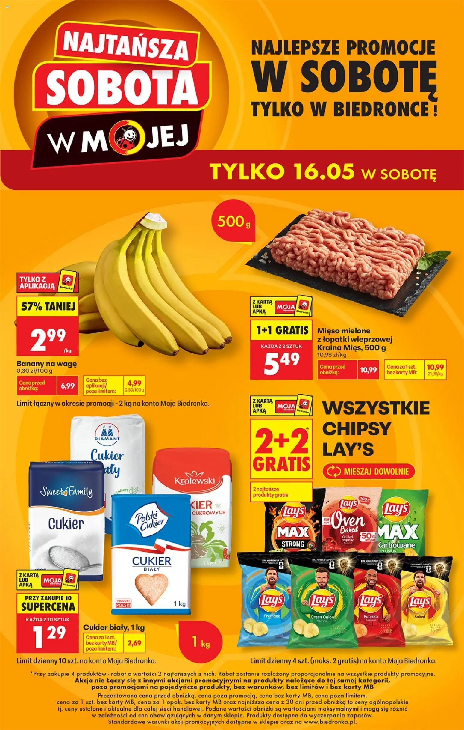 Biedronka Polsko leták - Najtańsza sobota tylko od 16.05.2026 | Strana: 1 | Produkty: Banány, Paprika, Lay's, Karty