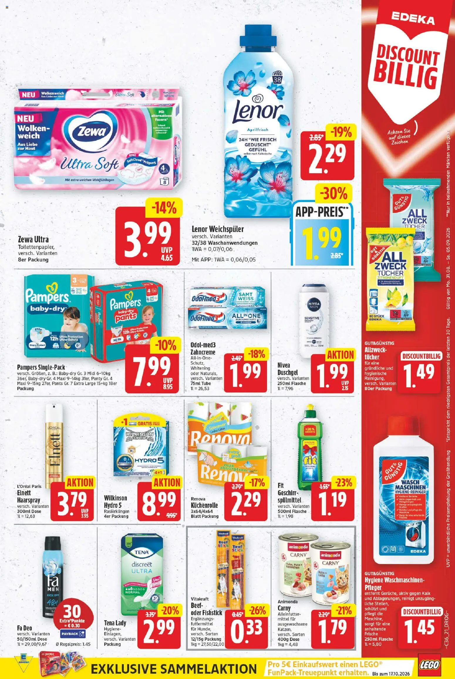 E center Prospekt – gültig ab 31.08.2026 | Seite: 23 | Produkte: Pampers, Kalk, Weichspüler, Küchenrolle