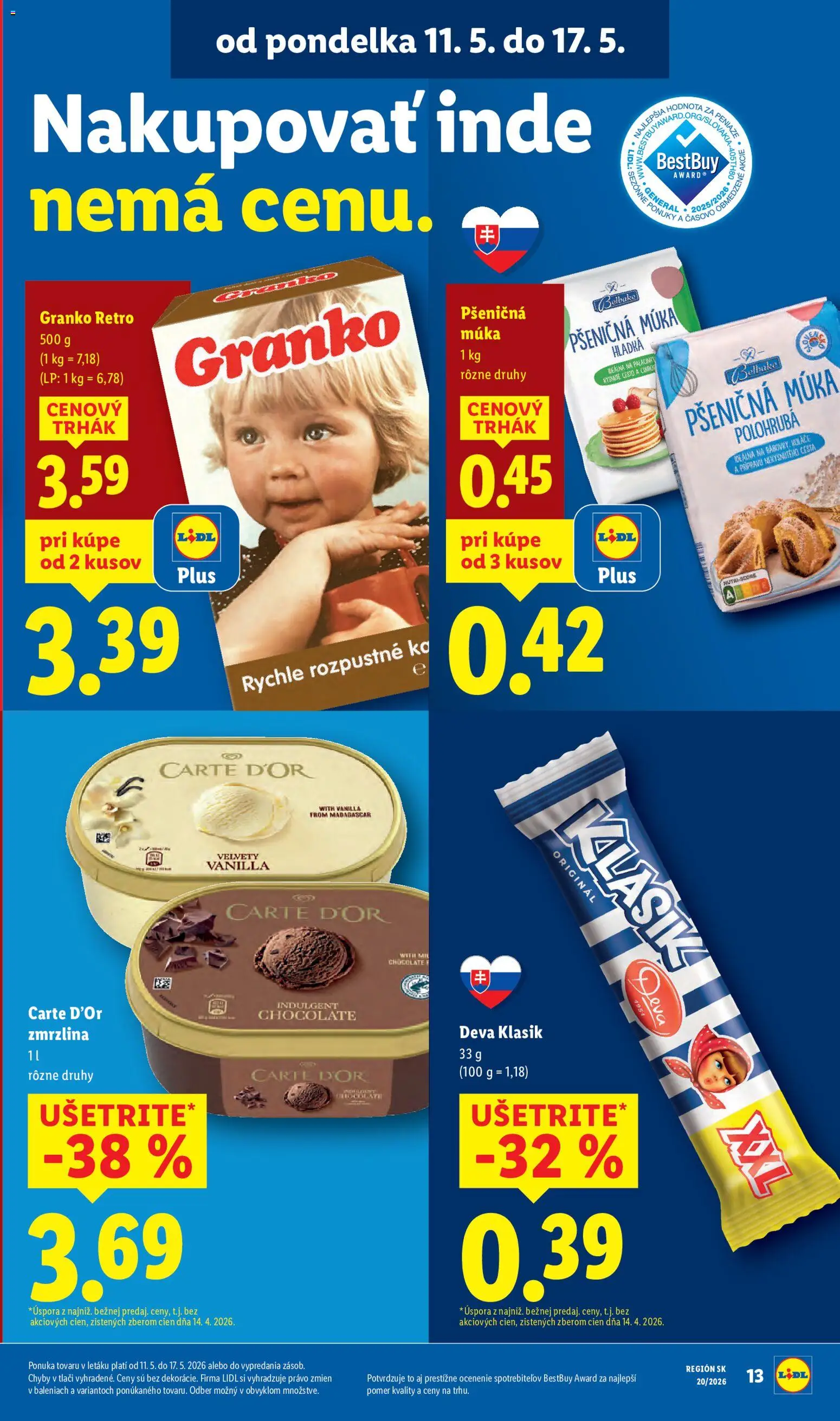 Nové Lidl akcie – leták je platný od 11.05.2026 | Strana: 17 | Produkty: Zmrzlina, Koláč, Múka, Granko