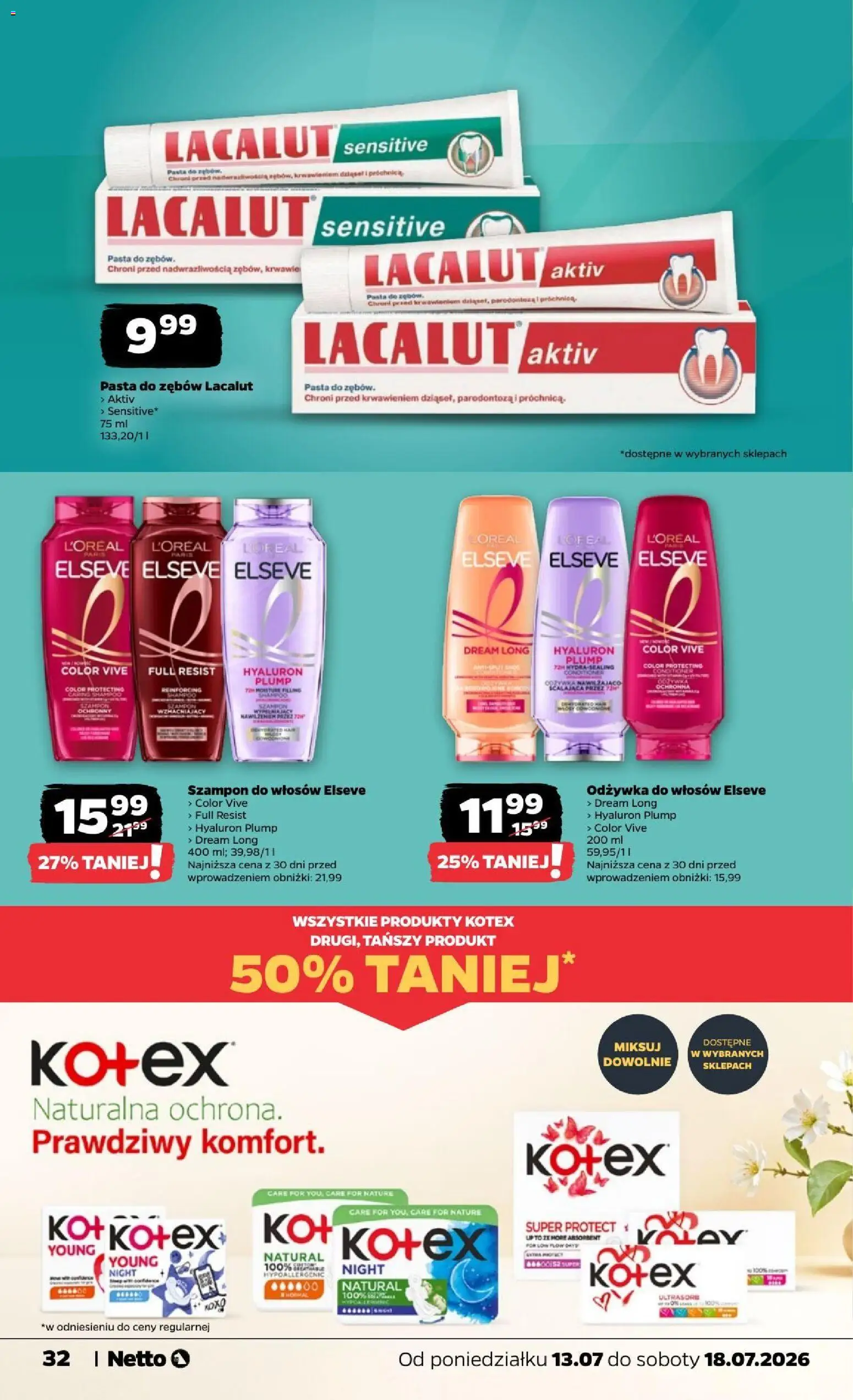 Netto gazetka od poniedziałku od 13.07.2026 | Strona: 32 | Produkty: Szampon do włosów, Szampon, Odżywka do włosów, Lacalut