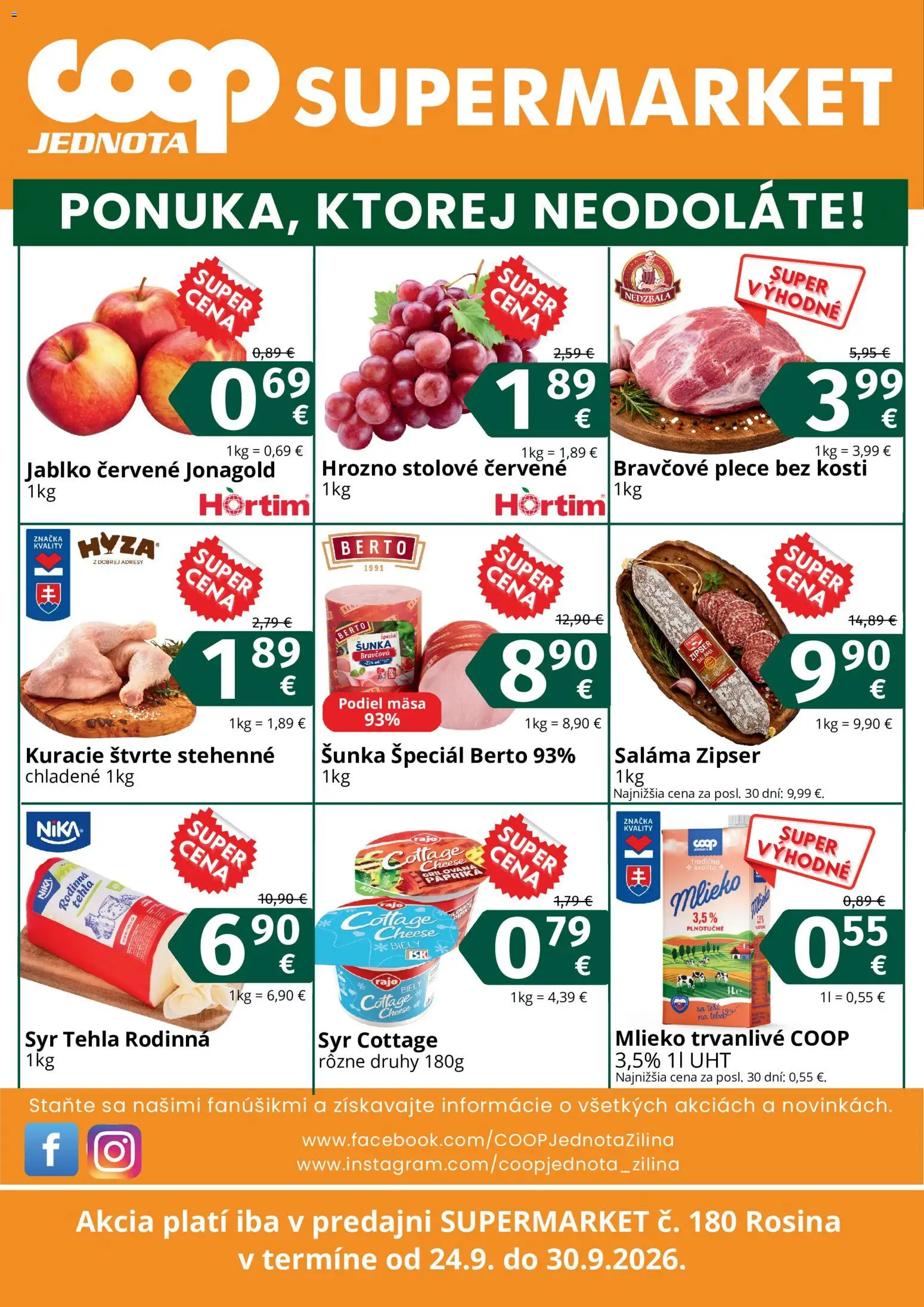 Nové COOP Jednota akcie – leták je platný od 24.09.2026 | Strana: 2 | Produkty: Saláma, Šunka, Bravčové plece, Hrozno