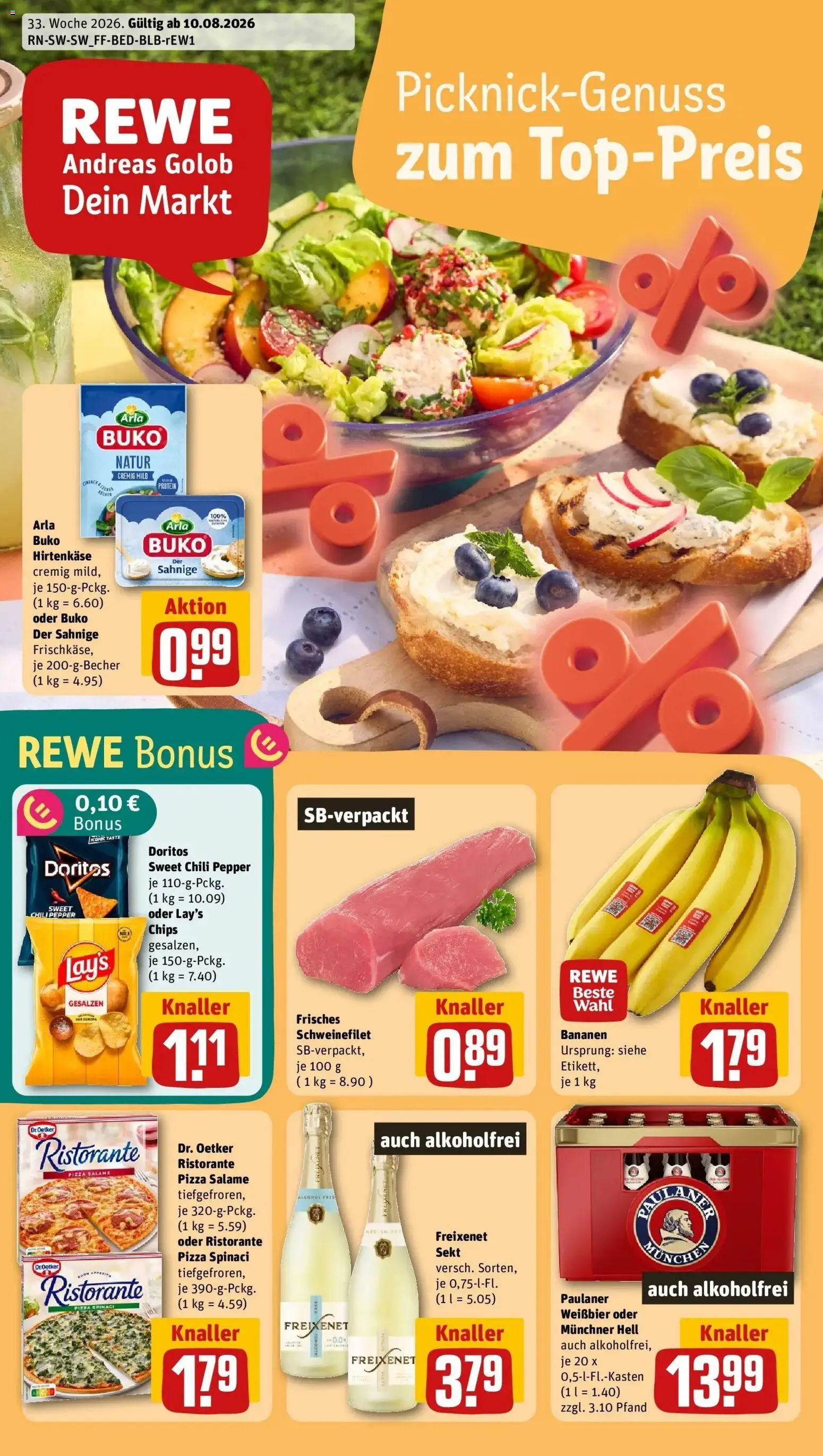 REWE Prospekt ab 10.08.2026 zum Blättern » Angebote | Seite: 1 | Produkte: Freixenet, Weißbier, Schweinefilet, Chips