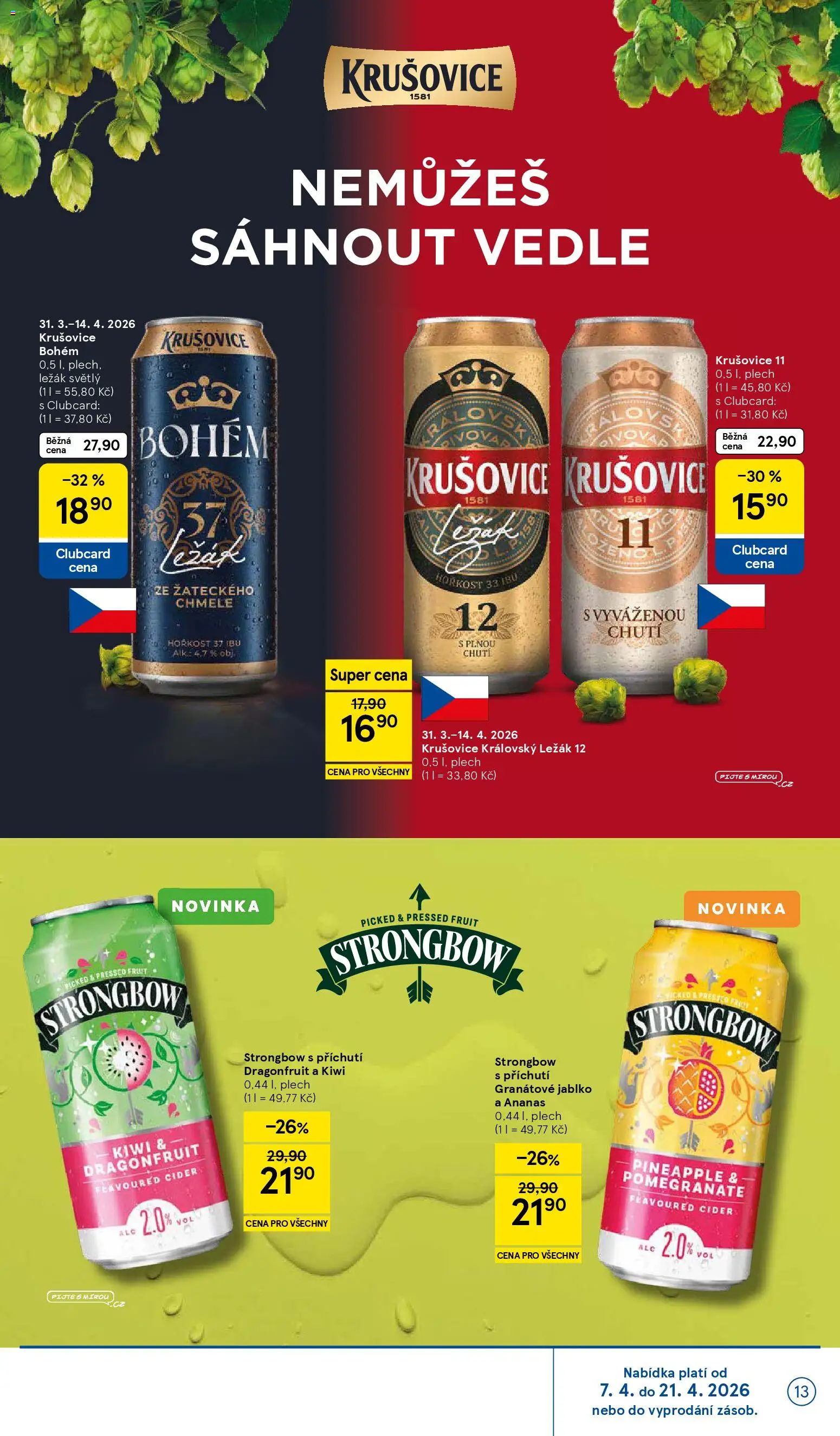 Tesco leták - Hypermarket od 07.04.2026 | Strana: 13 | Produkty: Krušovice Bohém, Ananas, Cider, Cider Strongbow