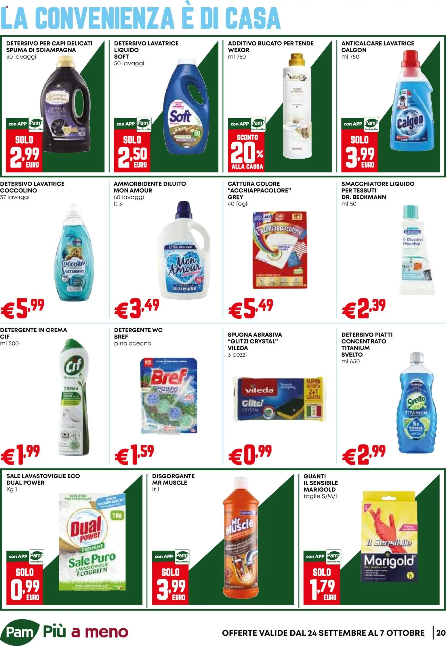 Volantino PAM del 24/09/2026 | Pagina: 20 | Prodotti: Spugna, Ammorbidente, Anticalcare, WC