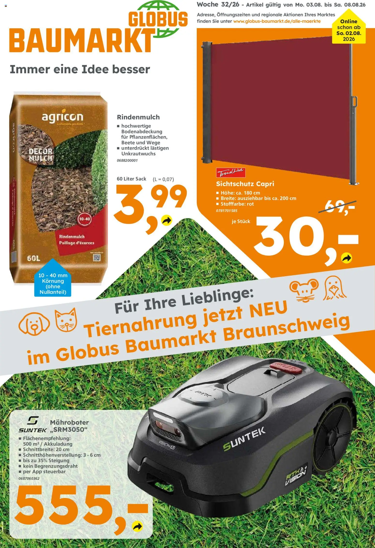 Globus Baumarkt Prospekt Wolfsburg – gültig ab 03.08.2026 | Seite: 1 | Produkte: Rindenmulch