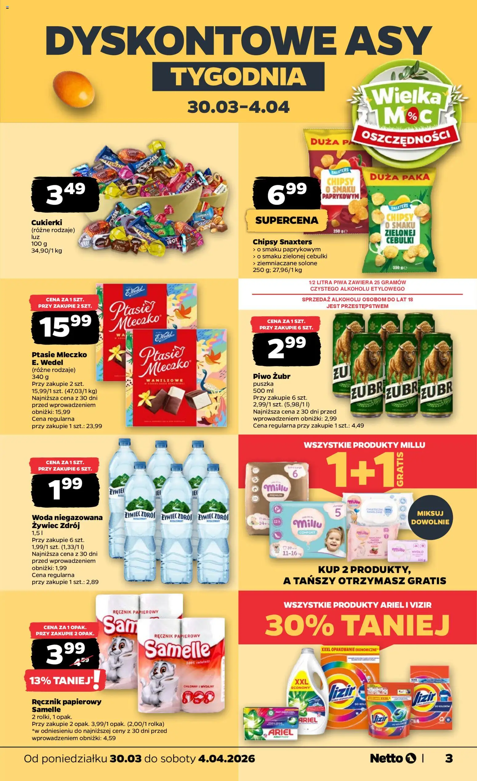 Netto gazetka od poniedziałku spożywcza od 30.03.2026 | Strona: 3 | Produkty: Piwo, Cukierki, Mydło, Woda
