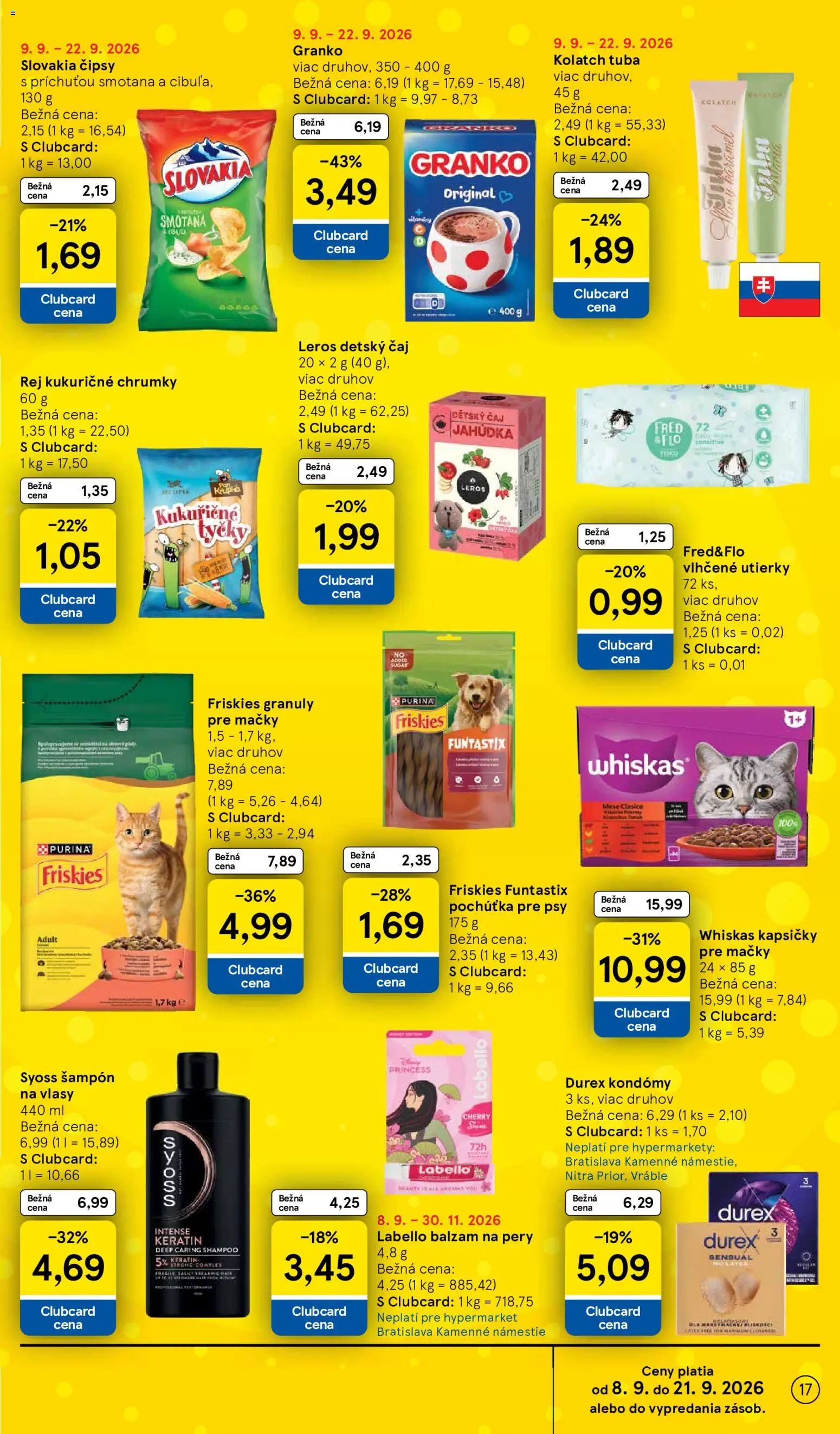 Nové Tesco akcie – leták je platný od 09.09.2026 | Strana: 17 | Produkty: Čaj, Granule, Kapsičky pre mačky, Utierky