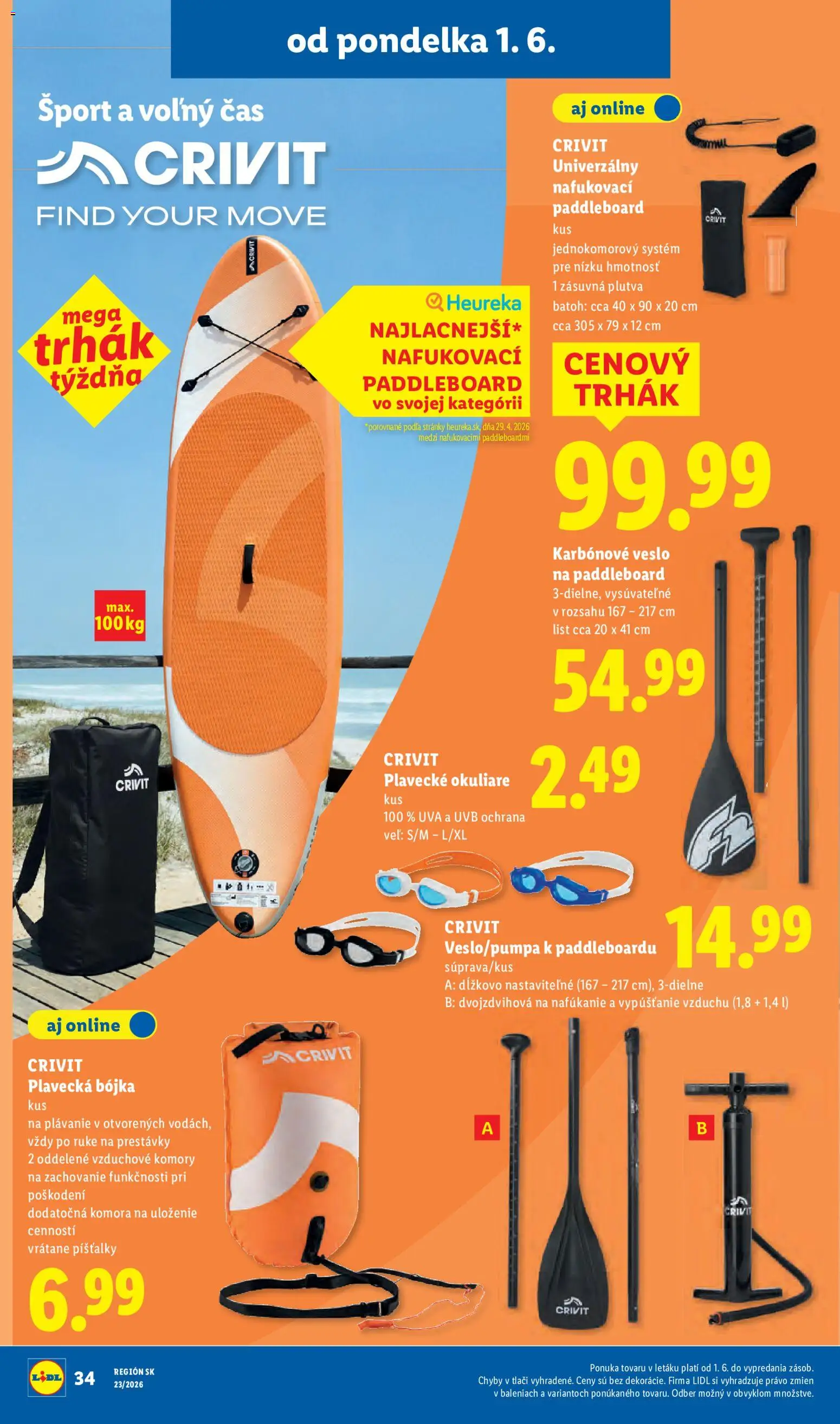Nové Lidl akcie – leták je platný od 01.06.2026 | Strana: 48 | Produkty: Paddleboard, Batoh, Okuliare