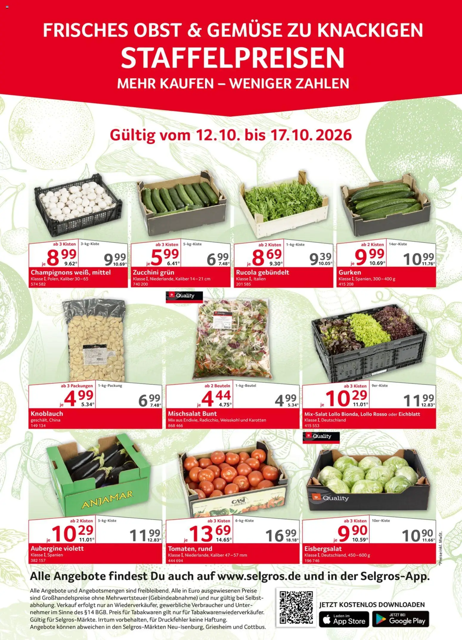 Selgros Obst & Gemüse – gültig ab 12.10.2026 | Seite: 1 | Produkte: Rucola, Eisbergsalat, Champignons, Gemüse