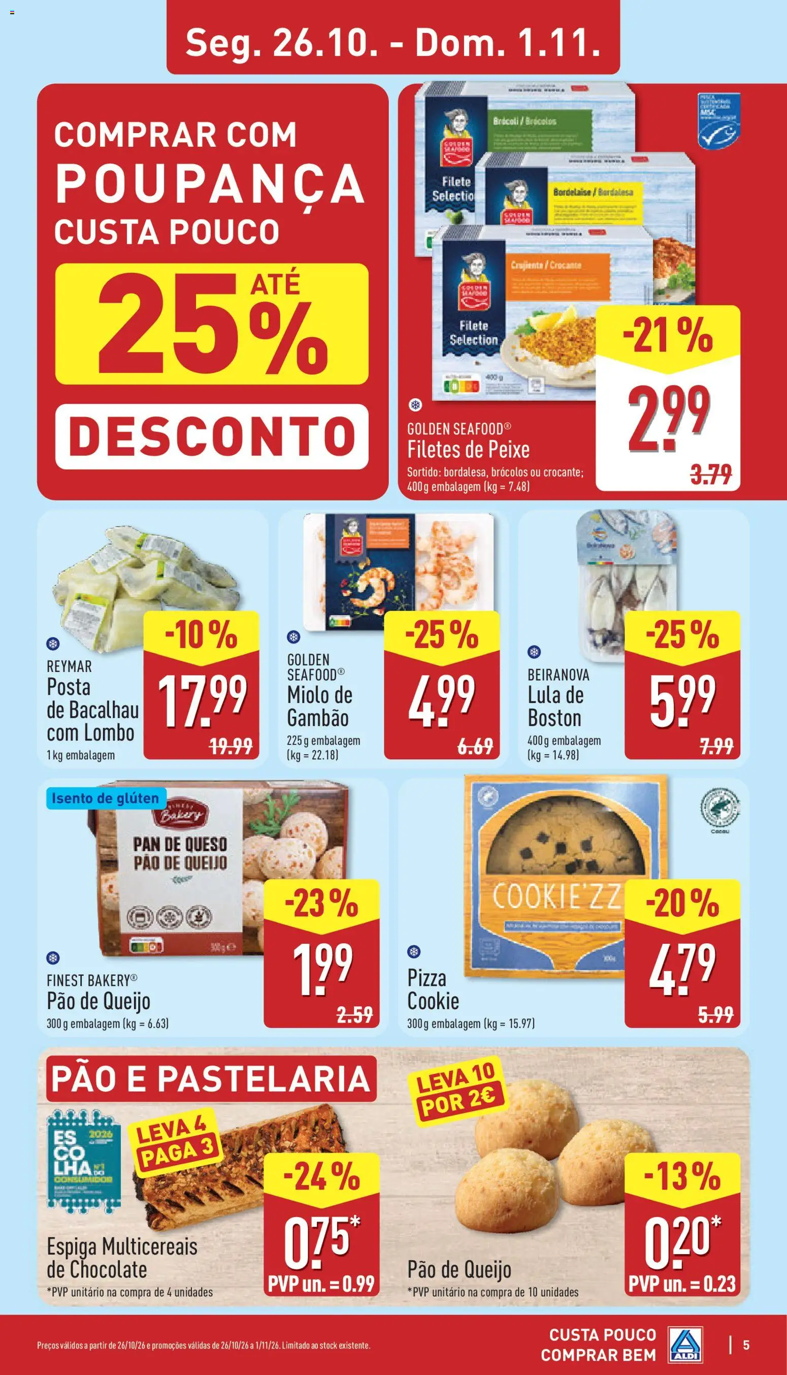 Aldi folheto │ válido de 26/10/2026 | Página: 5 | Produtos: Bacalhau, Lombo, Chocolate, Pizza