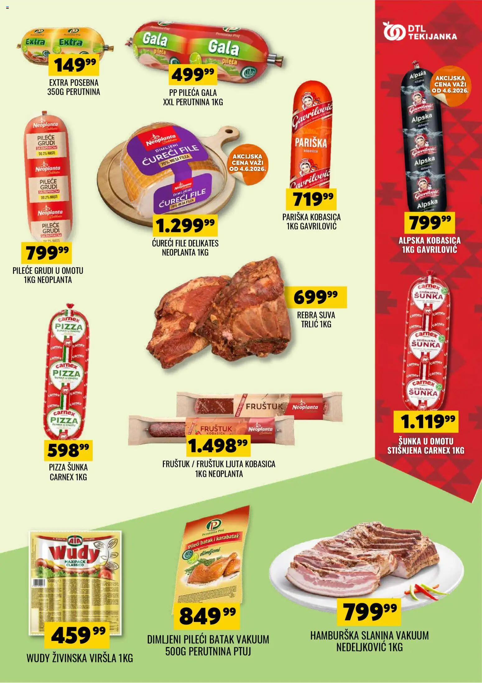 Tekijanka katalog - važi od 03.06.2026 | Strana: 9 | Proizvode: Pileće grudi, Pileći batak, Pizza šunka, Kobasica