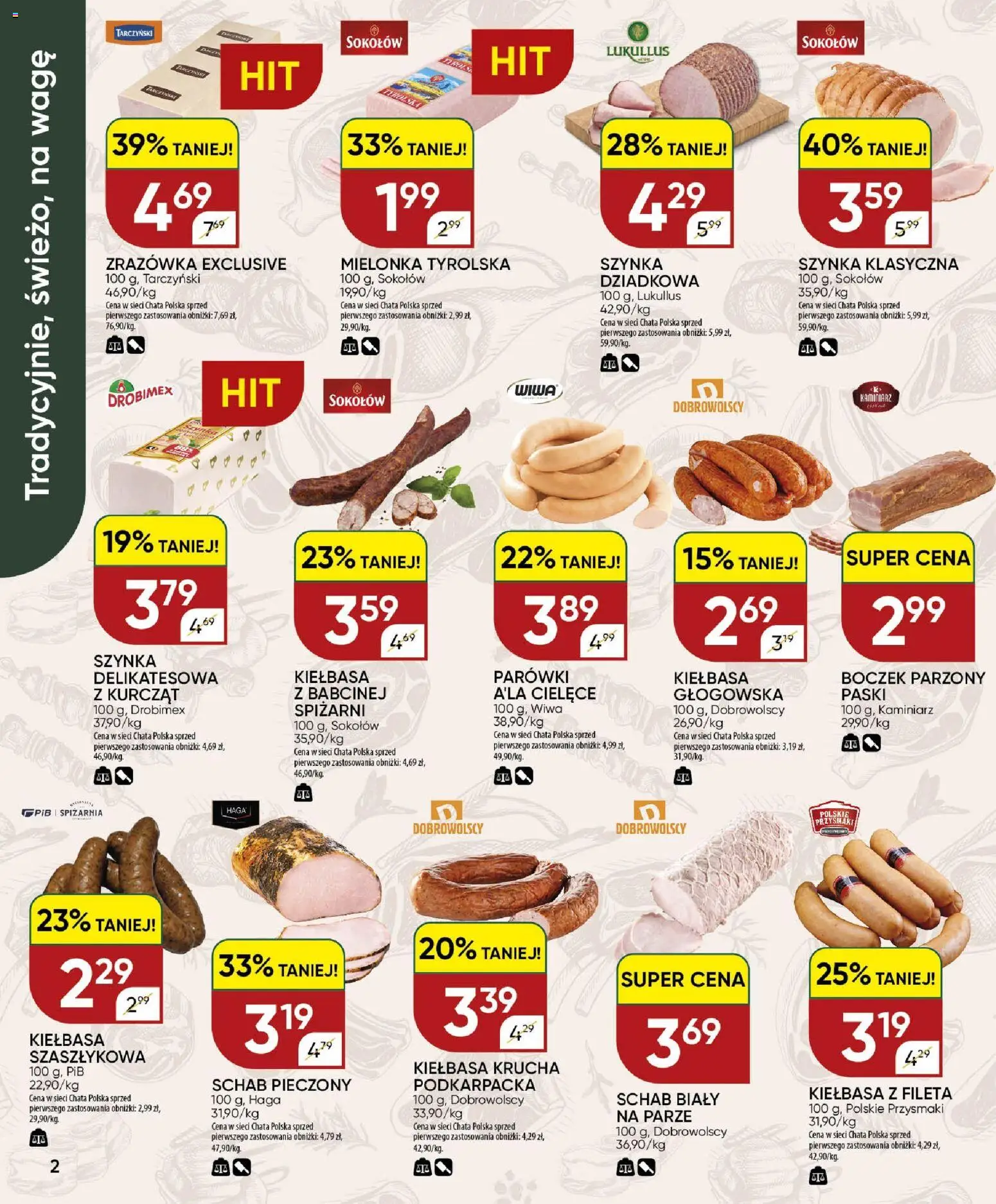 Chata Polska gazetka od 27.08.2026 | Strona: 2 | Produkty: Kiełbasa, Mielonka tyrolska, Boczek, Boczek parzony