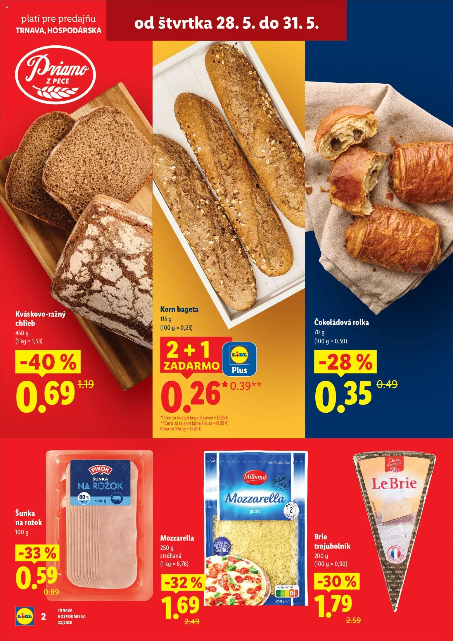 Nové Lidl akcie – leták je platný od 28.05.2026 | Strana: 2 | Produkty: Chlieb, Šunka, Pizza, Rožok