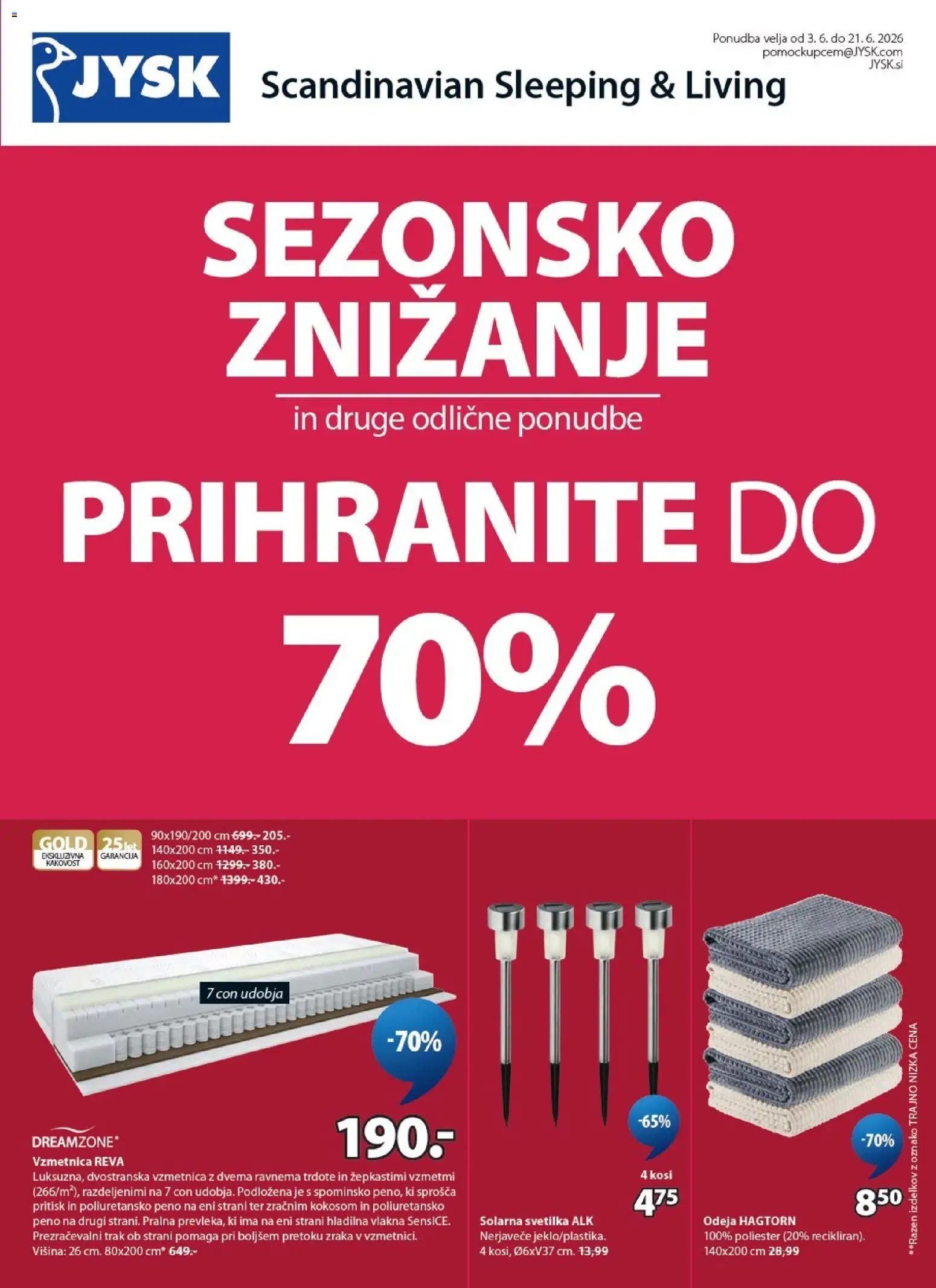 Novi JYSK katalog ponudbe – veljaven od 03.06.2026 | Stran: 1 | Izdelki: Solarna svetilka, Vzmetnica, Odeja, Svetilka
