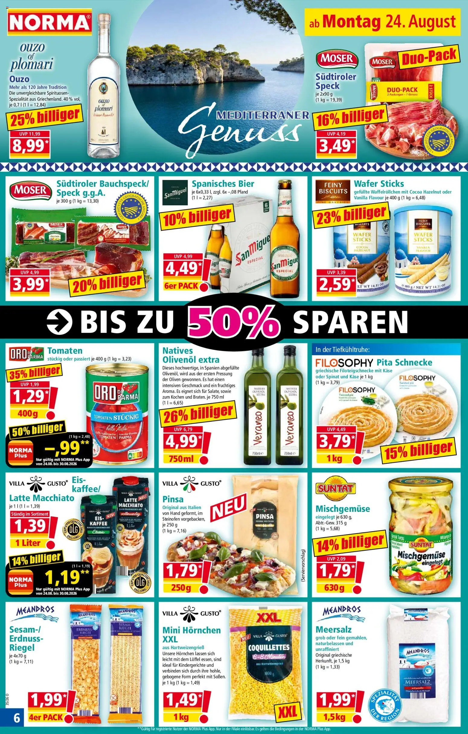 Norma Prospekt – gültig ab 24.08.2026 | Seite: 6 | Produkte: Ouzo, Olivenol, Tomaten, Eis