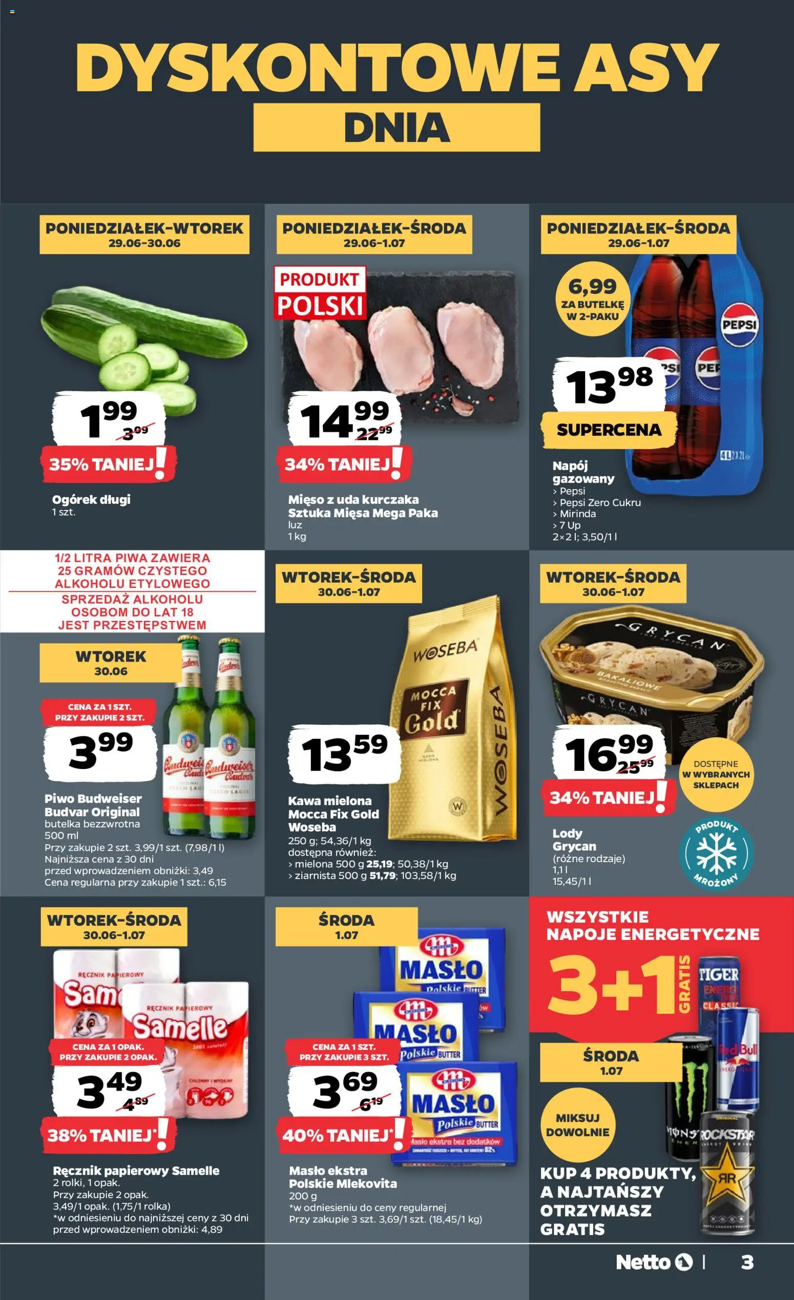 Netto gazetka od poniedziałku spożywcza od 29.06.2026 | Strona: 3 | Produkty: Masło Polskie, Mięso, Kawa, Lody