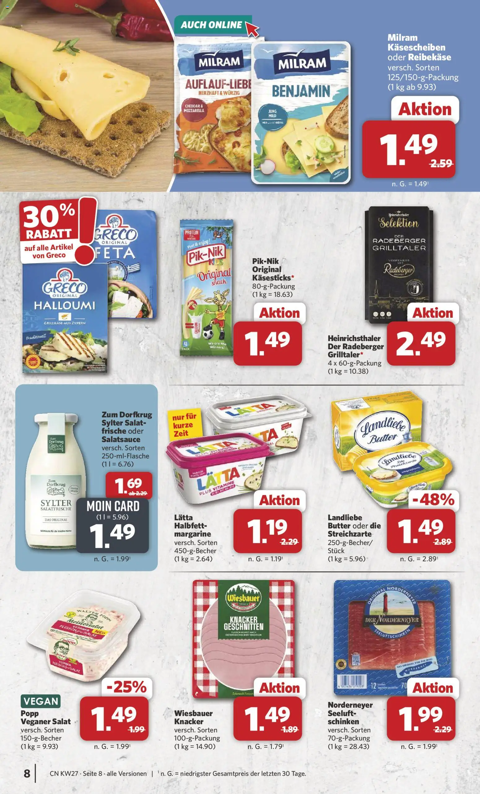 Combi Prospekt – gültig ab 29.06.2026 | Seite: 8 | Produkte: Milram, Reibekase, Fleisch, Salat