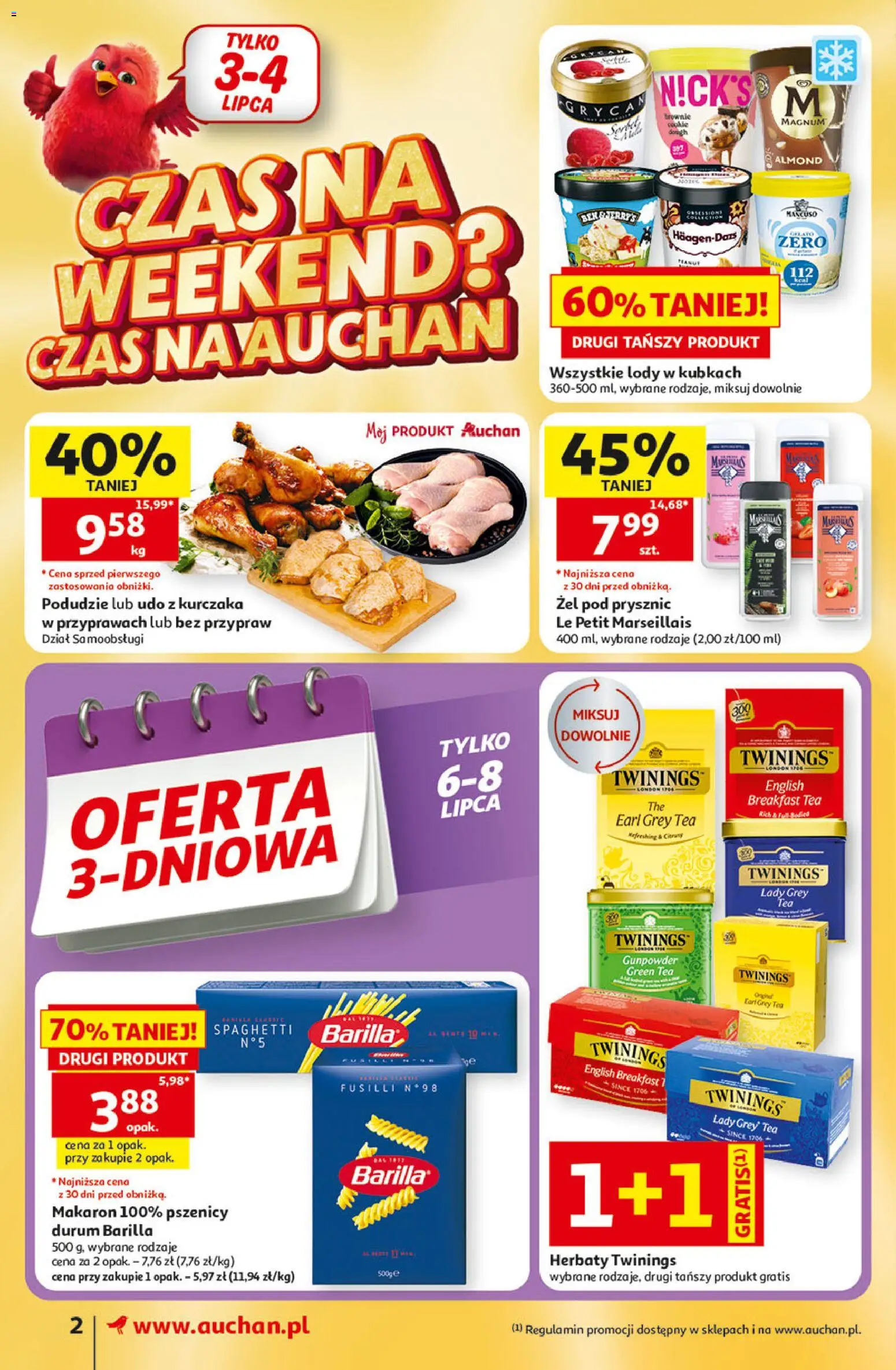 Auchan gazetka od 02.07.2026 | Strona: 2 | Produkty: Prysznic, Makaron, Żel pod prysznic, Lody