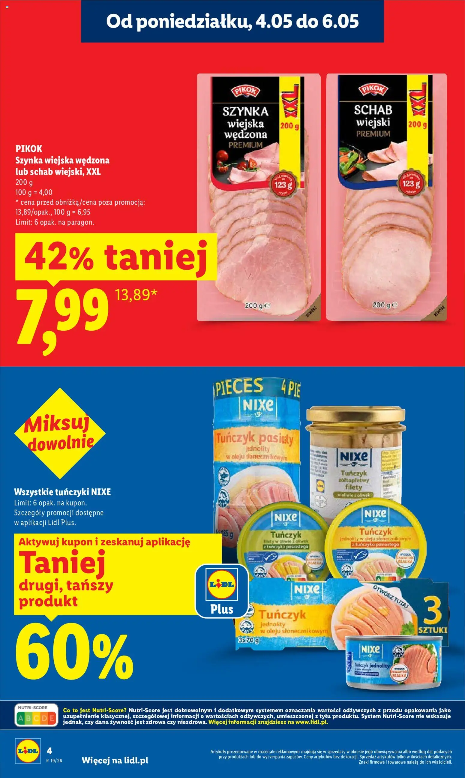 Lidl gazetka od 04.05.2026 | Strona: 4 | Produkty: Schab, Szynka, Tuńczyk