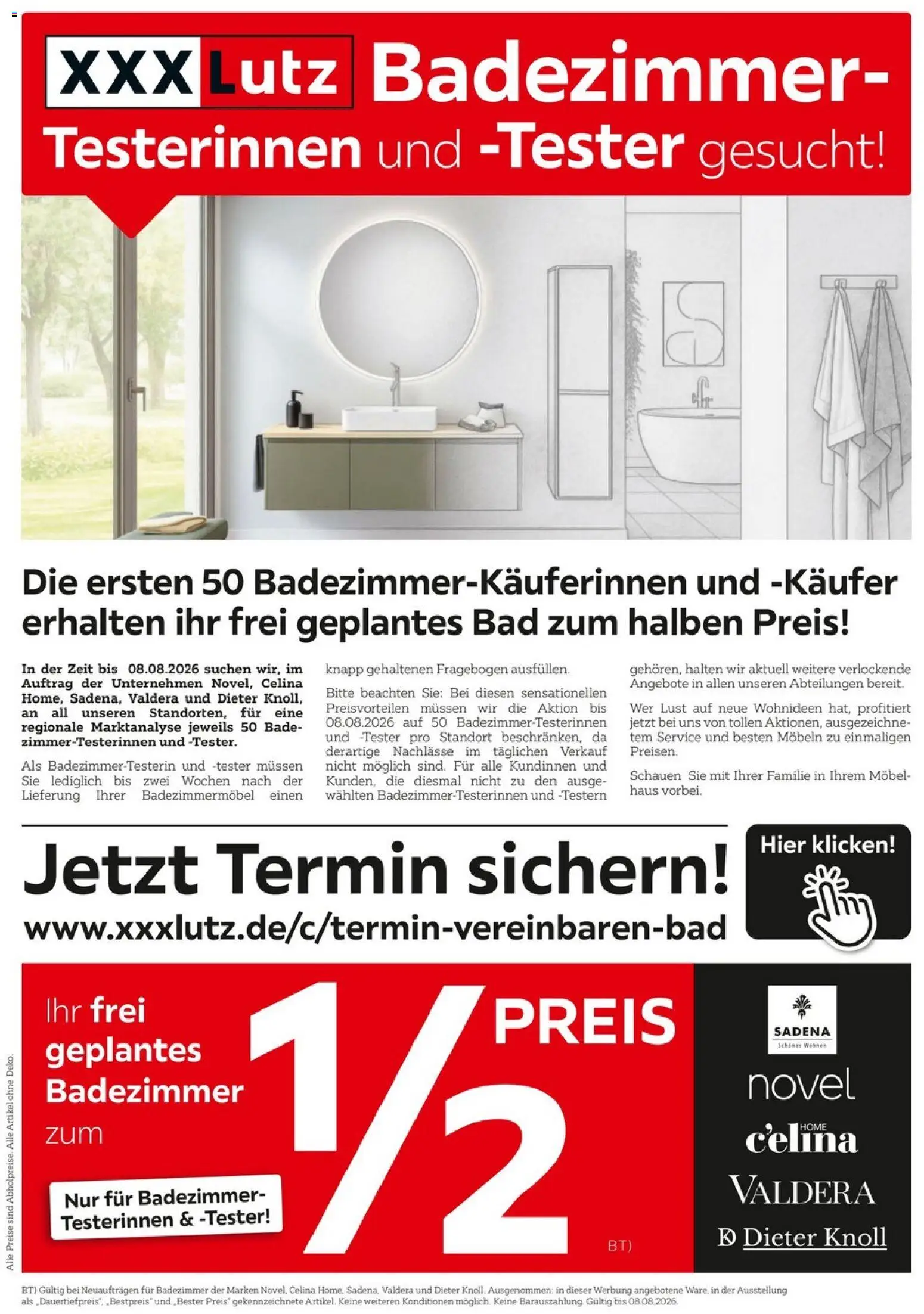 XXXLutz Badezimmer-Testerinnen und -Tester gesucht – gültig ab 25.07.2026 | Seite: 1 | Produkte: Bad
