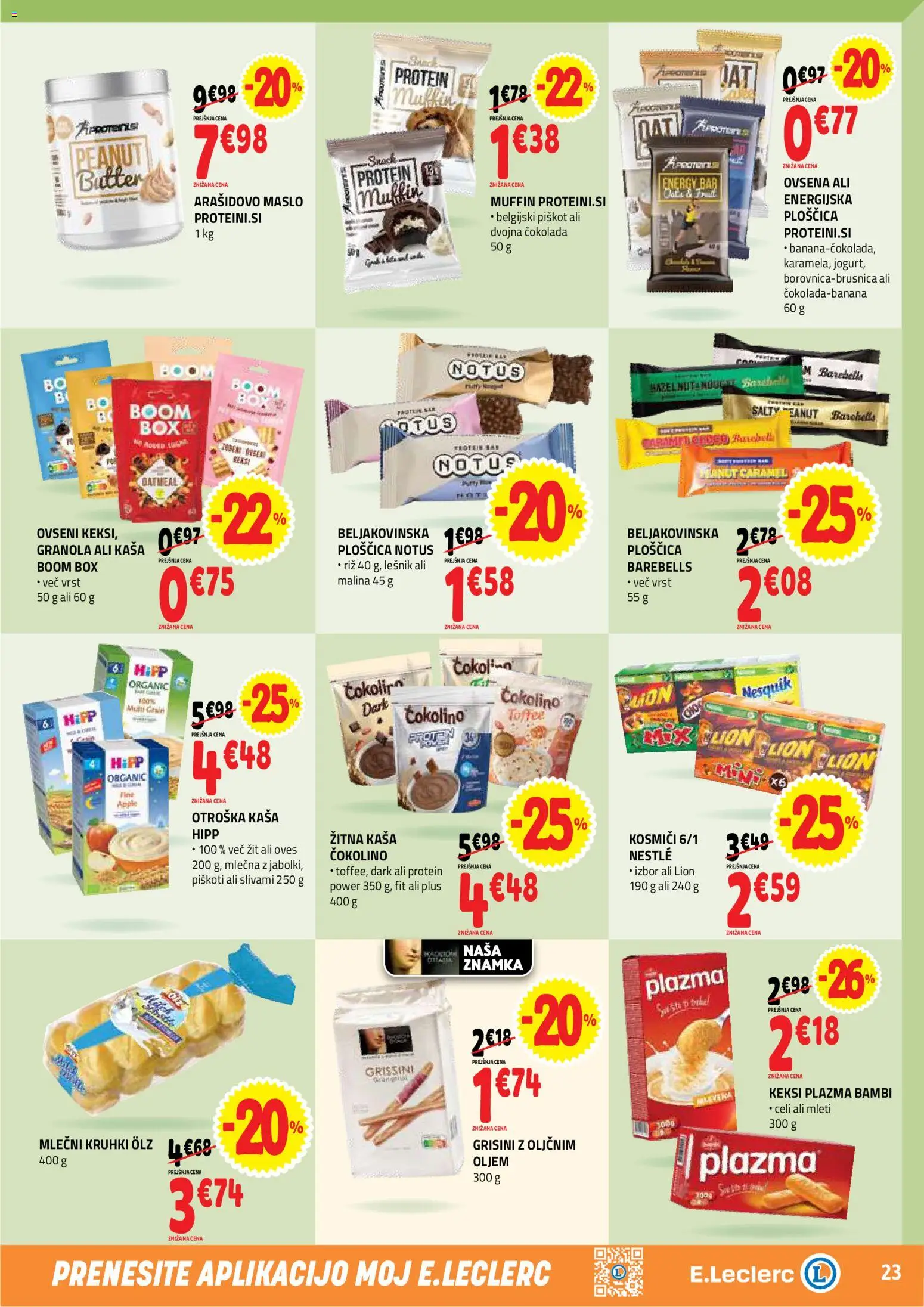 Novi E.leclerc katalog ponudbe – veljaven od 29.04.2026 | Stran: 23 | Izdelki: Čokolino, Arašidovo maslo, Maslo, Riz