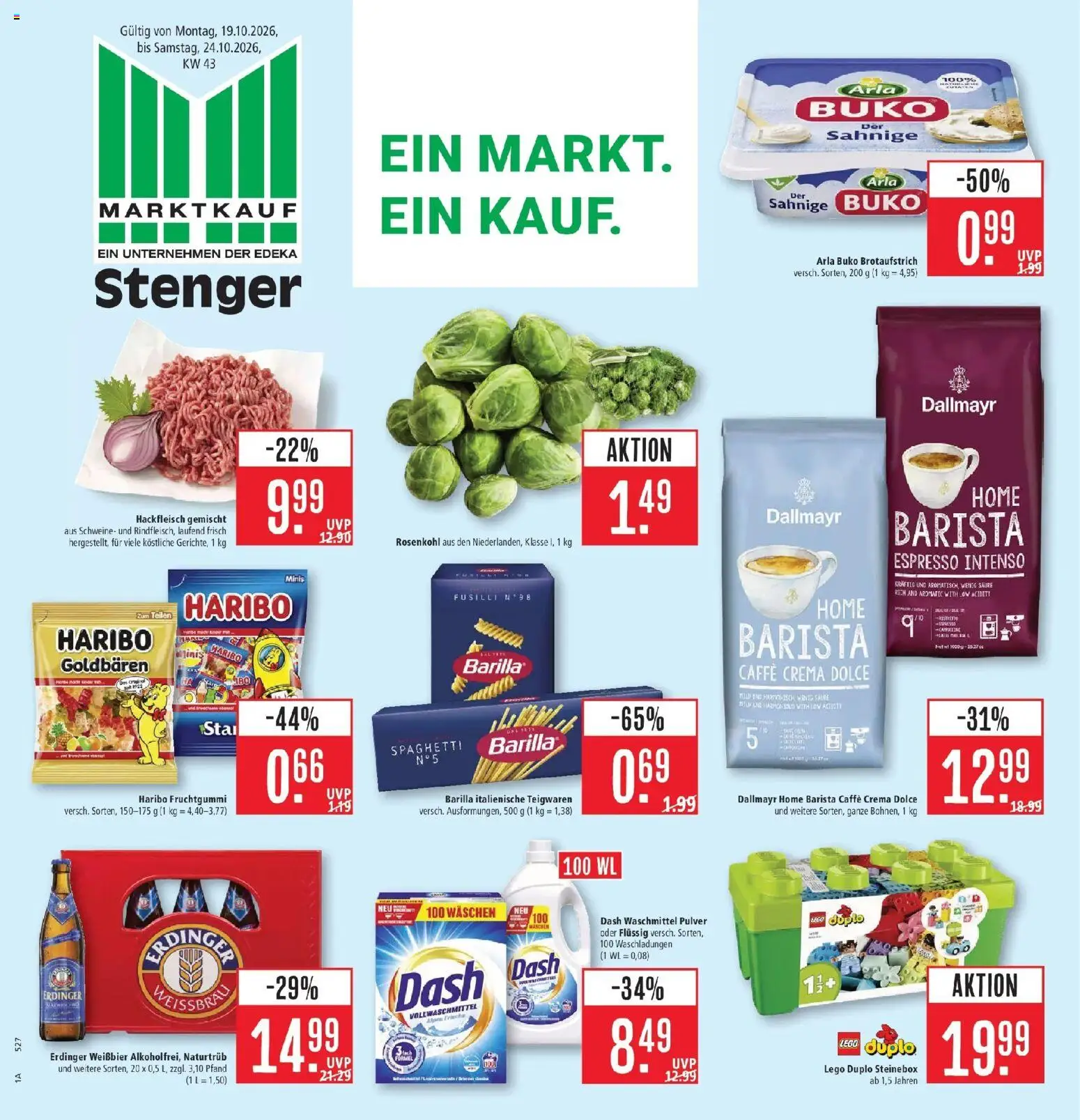Marktkauf Prospekt Aschaffenburg (ab 19.10.2026) » Angebote online | Seite: 1 | Produkte: Erdinger, Haribo, Dallmayr, Hackfleisch