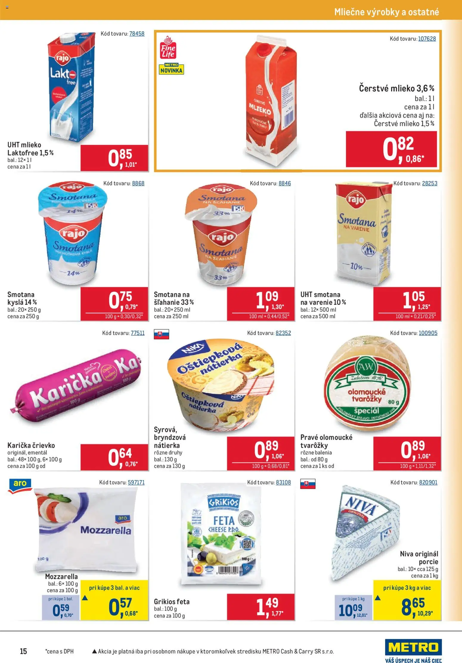 Nové Metro akcie – leták je platný od 06.05.2026 | Strana: 15 | Produkty: Mlieko, Smotana, Mozzarella, Feta