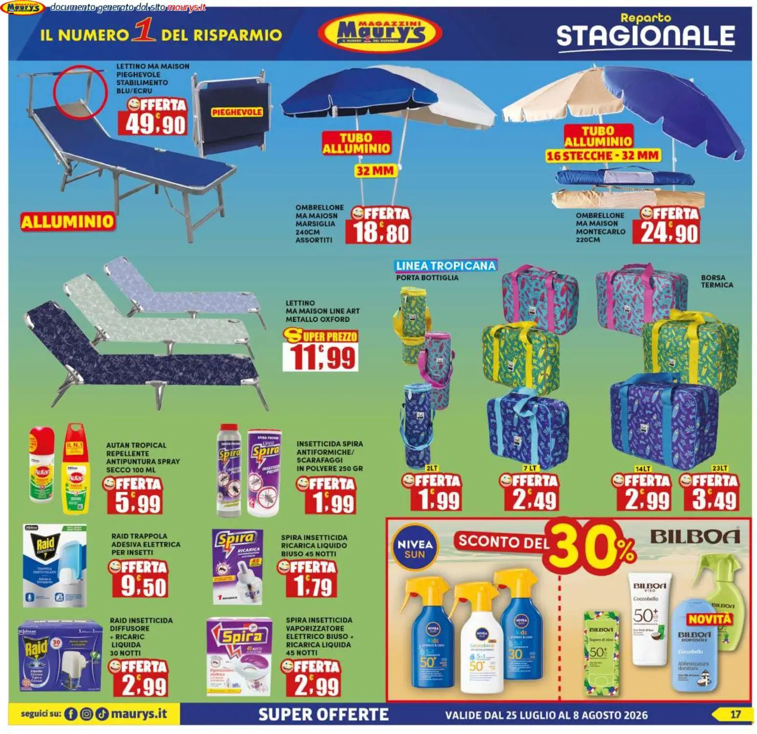 Volantino Maury's del 25/07/2026 | Pagina: 17 | Prodotti: Ombrellone, Lettino, Alluminio, Bottiglia