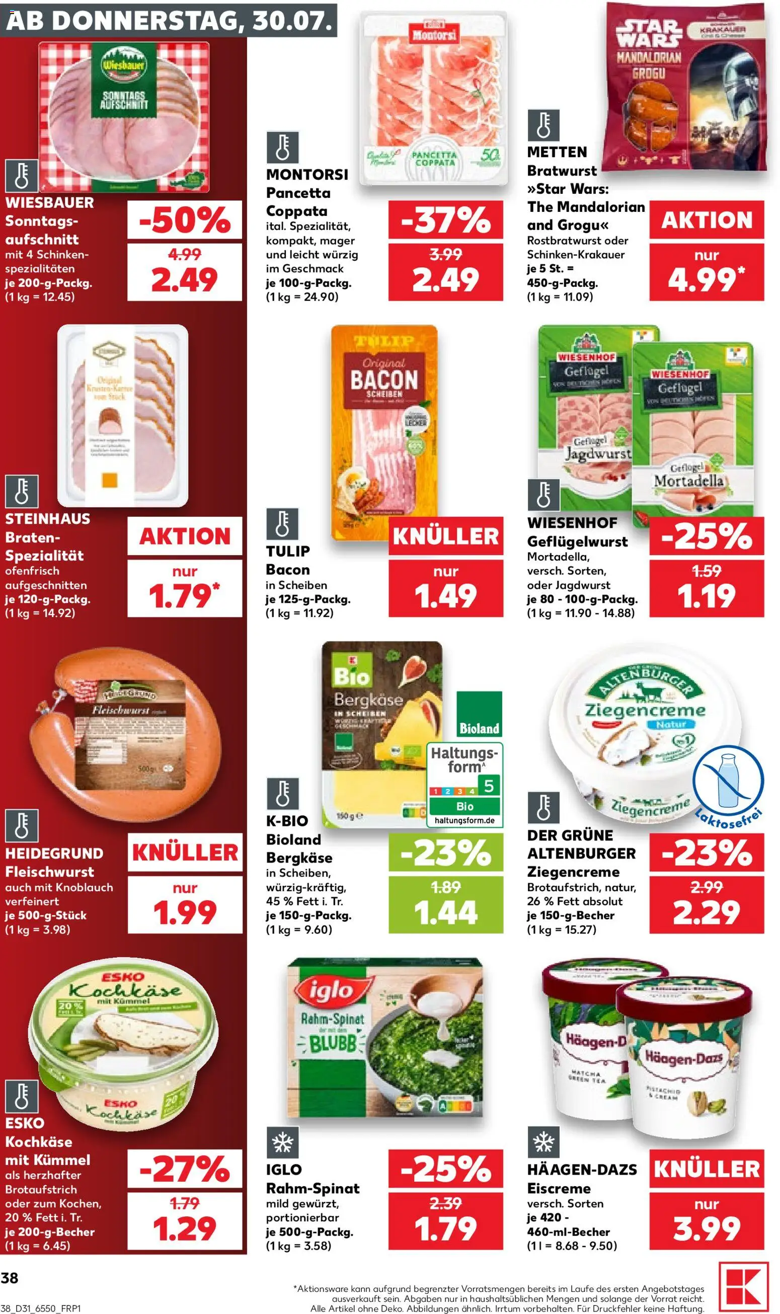 Kaufland Prospekt Kiel – gültig ab 30.07.2026 | Seite: 38 | Produkte: Bratwurst, Eiscreme, Knoblauch, Schinken