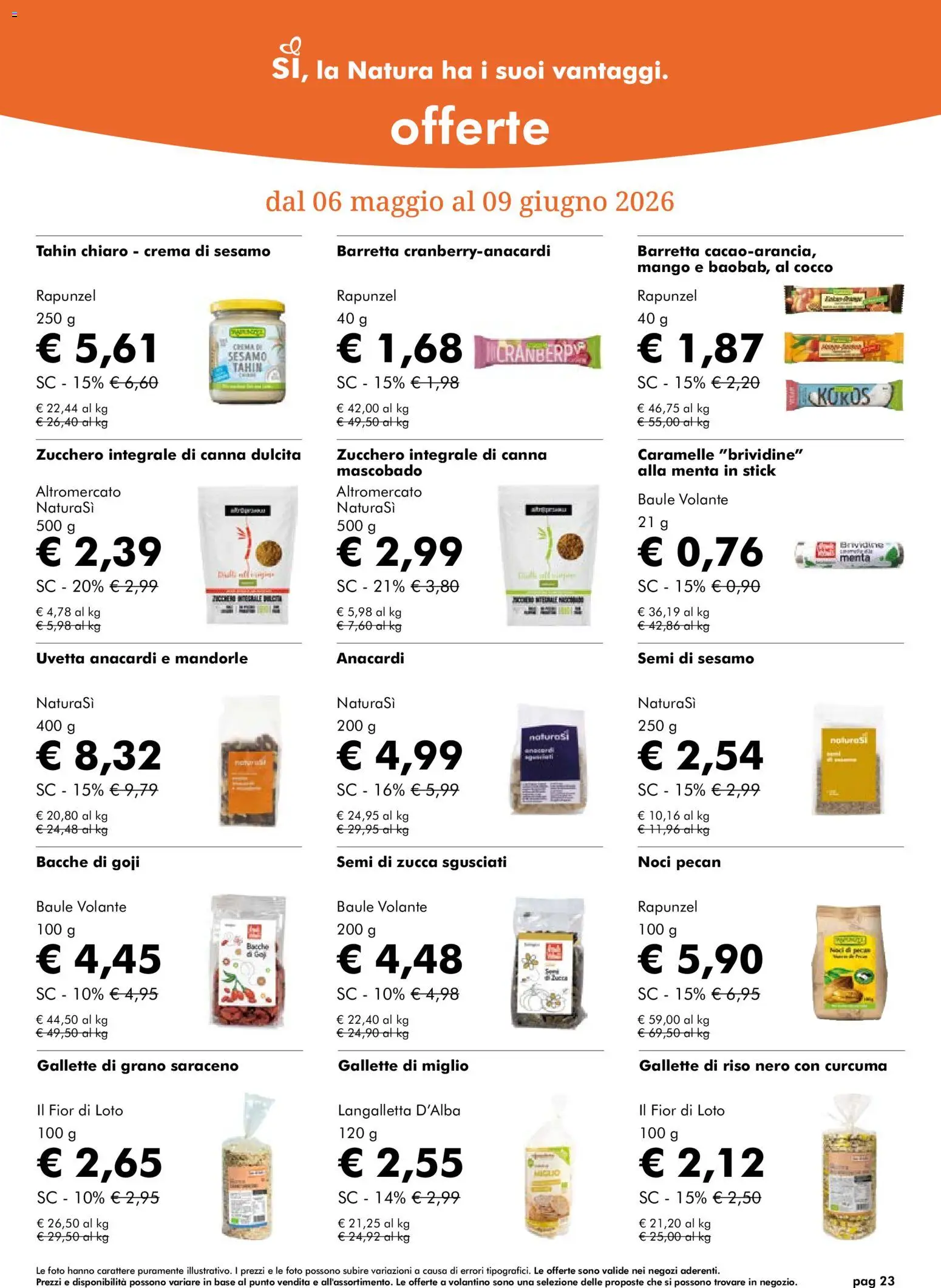 Volantino Natura Sì del 06.05.2026 | Pagina: 23 | Prodotti: Riso, Caramelle, Barretta, Cocco