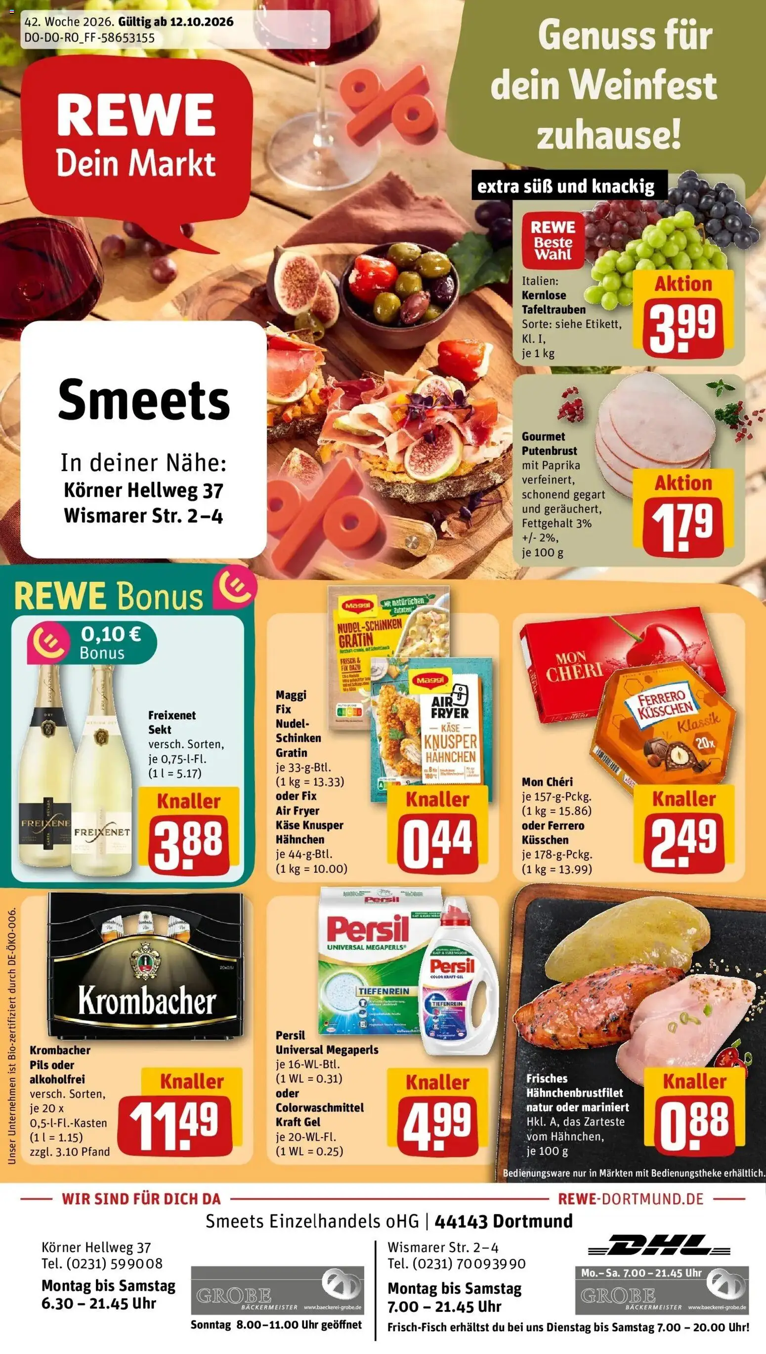REWE Prospekt ab 12.10.2026 zum Blättern » Angebote | Seite: 1 | Produkte: Putenbrust, Pils, Schinken, Mon cheri
