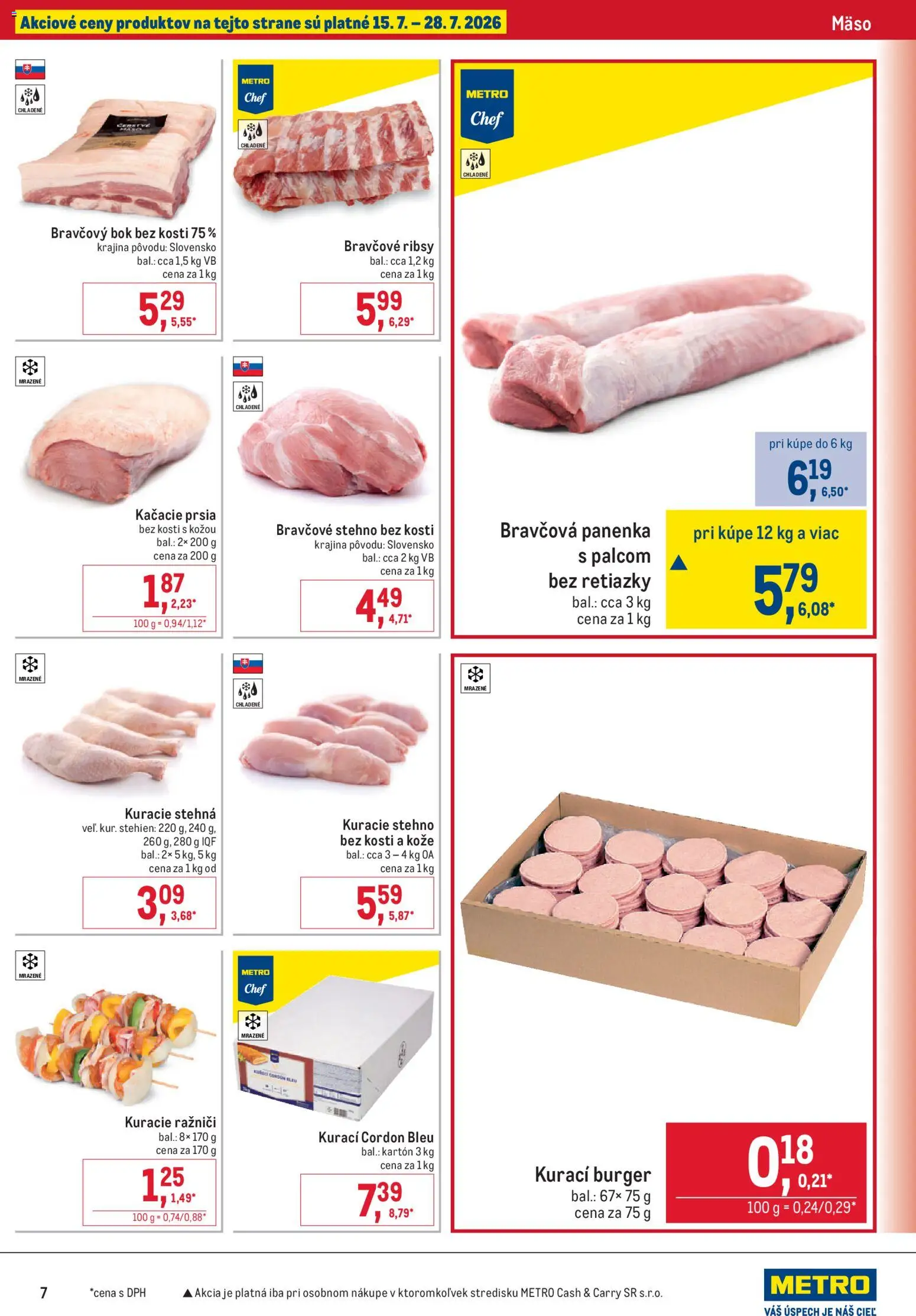 Nové Metro akcie – leták je platný od 15.07.2026 | Strana: 7 | Produkty: Kačacie prsia, Bravčová panenka, Bravčové stehno, Kuracie stehná