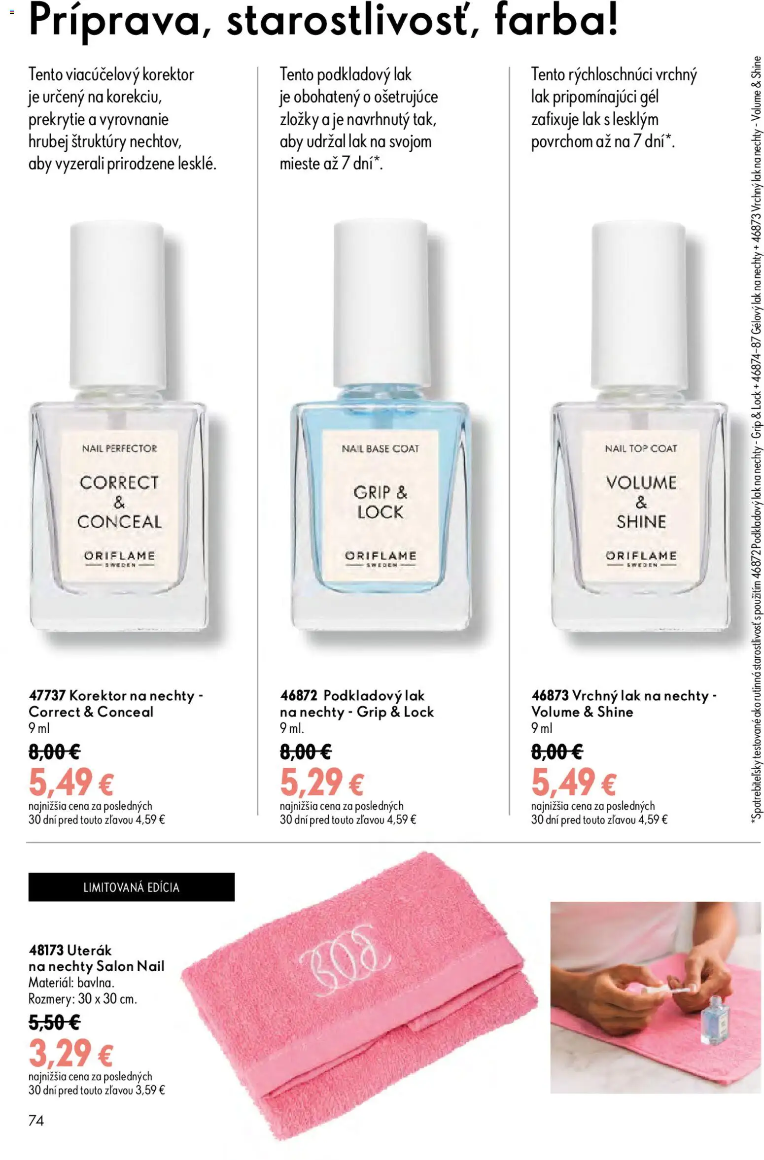 Nové Oriflame akcie – leták je platný od 19.08.2026 | Strana: 74 | Produkty: Korektor, Uterák, Lak na nechty