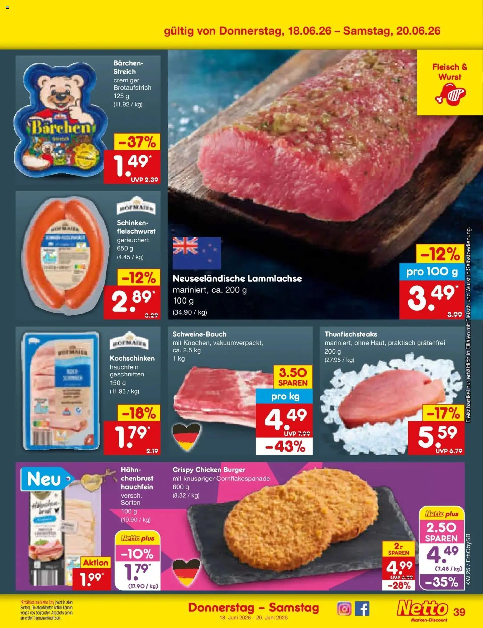 Netto Marken-Discount Prospekt Mauern – gültig ab 14.06.2026 | Seite: 51 | Produkte: Schweinebauch, Burger, Wurst, Fleisch
