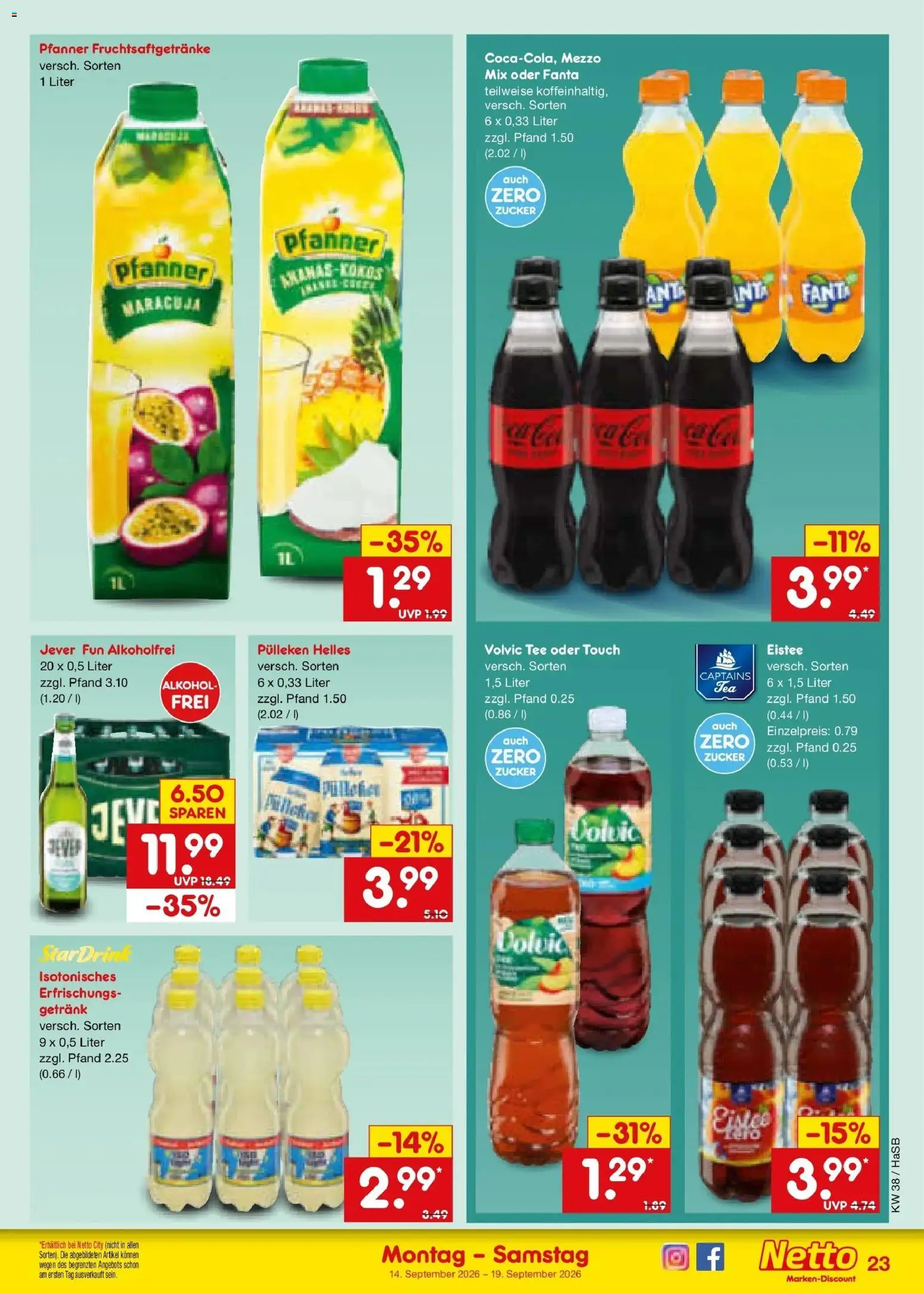 Netto Marken-Discount Prospekt Unna – gültig ab 14.09.2026 | Seite: 33 | Produkte: Fanta, Volvic tee, Alkohol, Jever