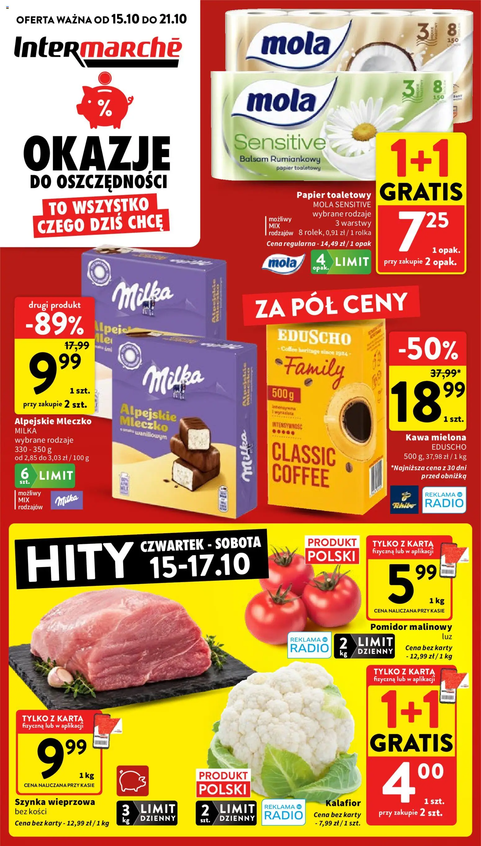 Intermarche gazetka od 15.10.2026 | Strona: 1 | Produkty: Kalafior, Papier toaletowy, Milka, Kawa