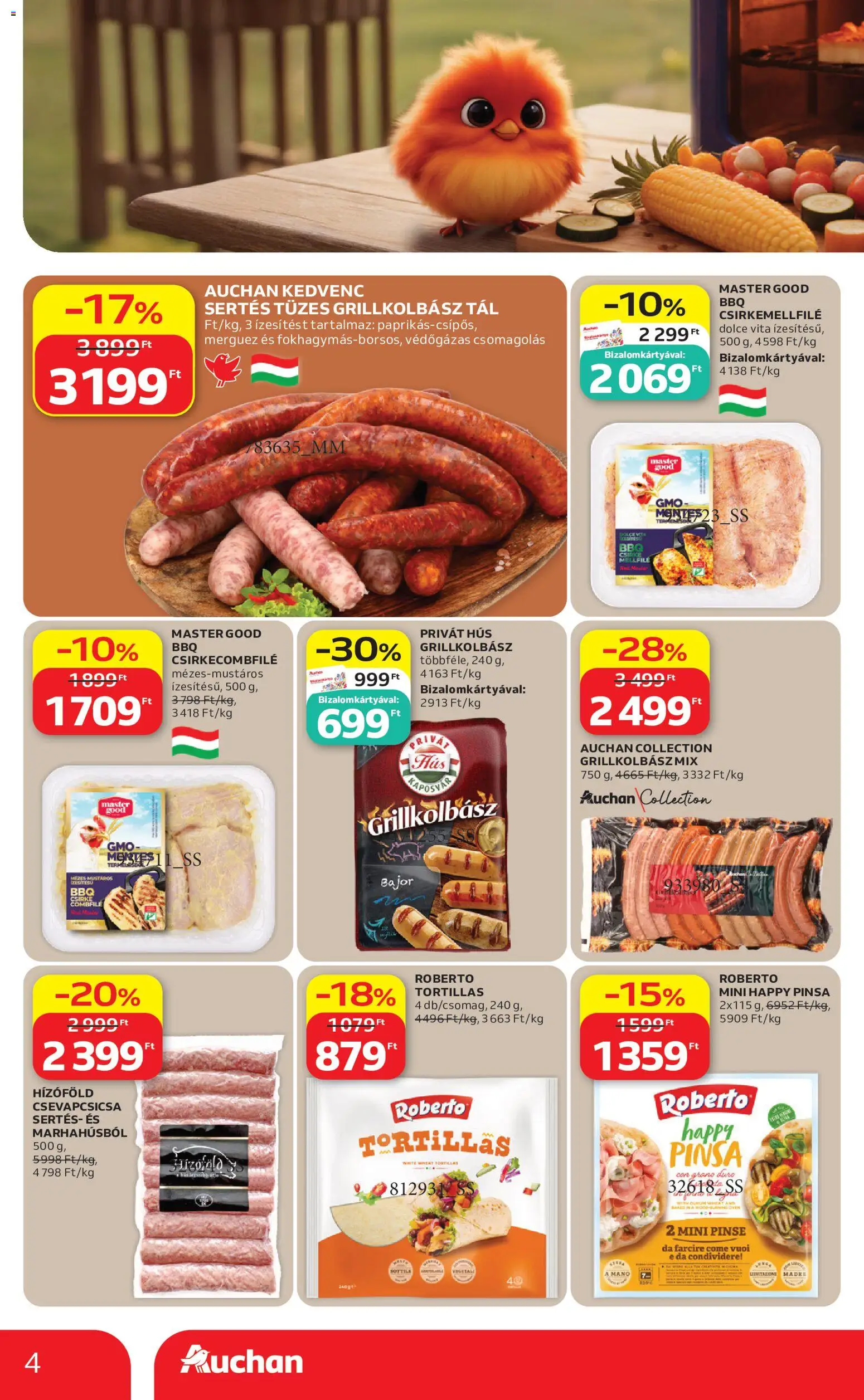 Auchan akciós ujság - amely érvényes a következő dátumtól: 21.05.2026 | Oldal: 4 | Termékek: Grillkolbász, Hús, Csirkecombfile