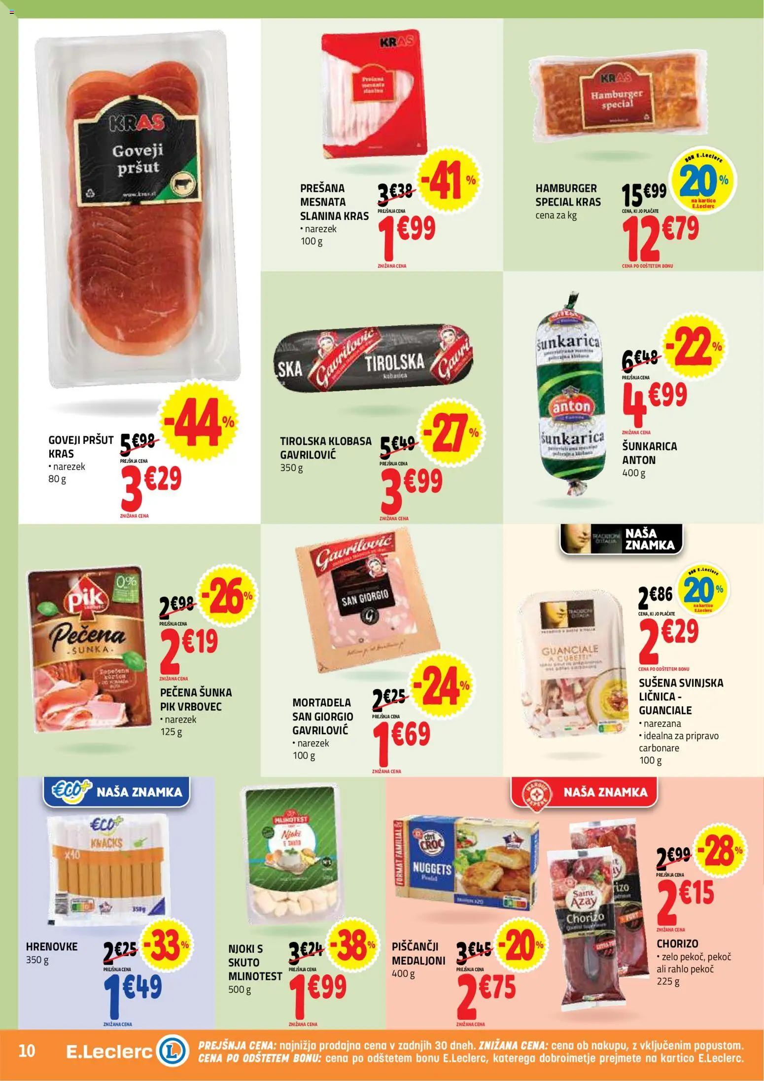 Novi E.leclerc katalog ponudbe – veljaven od 19.08.2026 | Stran: 10 | Izdelki: Mortadela, Narezek, Slanina, Njoki