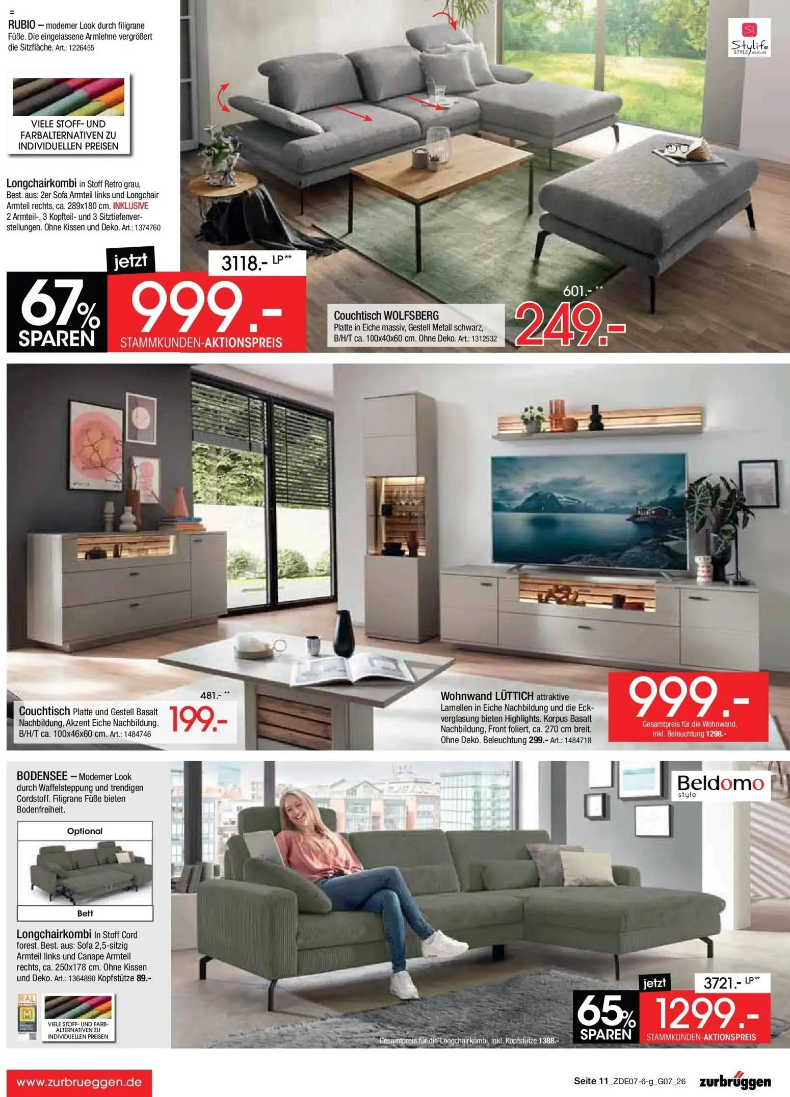 Zurbrüggen Sonderverkauf – gültig ab 09.07.2026 | Seite: 11 | Produkte: Wohnwand, Bett, Kissen, Couchtisch